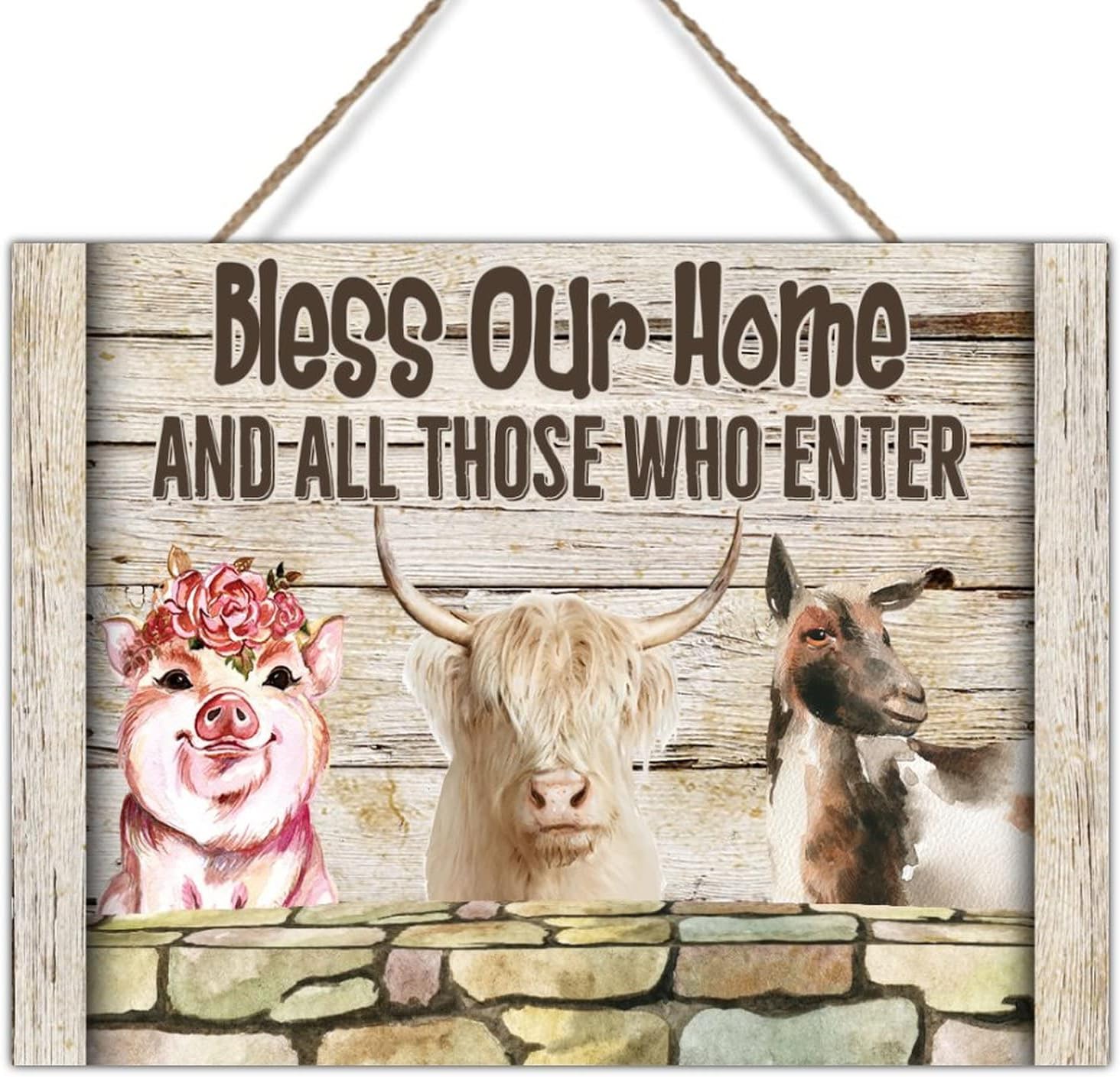 Rustic Farmhouse Sign Farmhouse Animal Pig Cow Sheep Wall Hanging Signs Bless Our Home and All Those Who Enter Wooden Sign for Home Office Porch 24x18in Gift to Farm Animal Lover