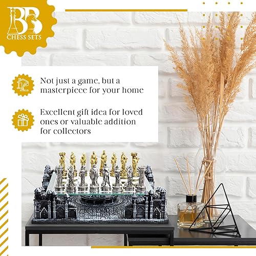 Miniatura 6 de Juego de ajedrez 3D Renaissance Knight - Juego único de tablero de ajedrez - Piezas duraderas de metal dorado y plateado - Tablero de vidrio