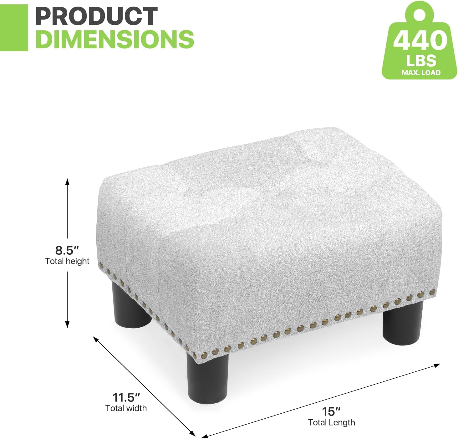 Magshion Small Foot Stool, Tufted Ottoman Stools with Nailhead Trim & Legs, Upholstered Ottoman Footrest with Storage, Stable Footstool for Couch, Living Room, Bedroom, 440lbs Capacity, Light Gray