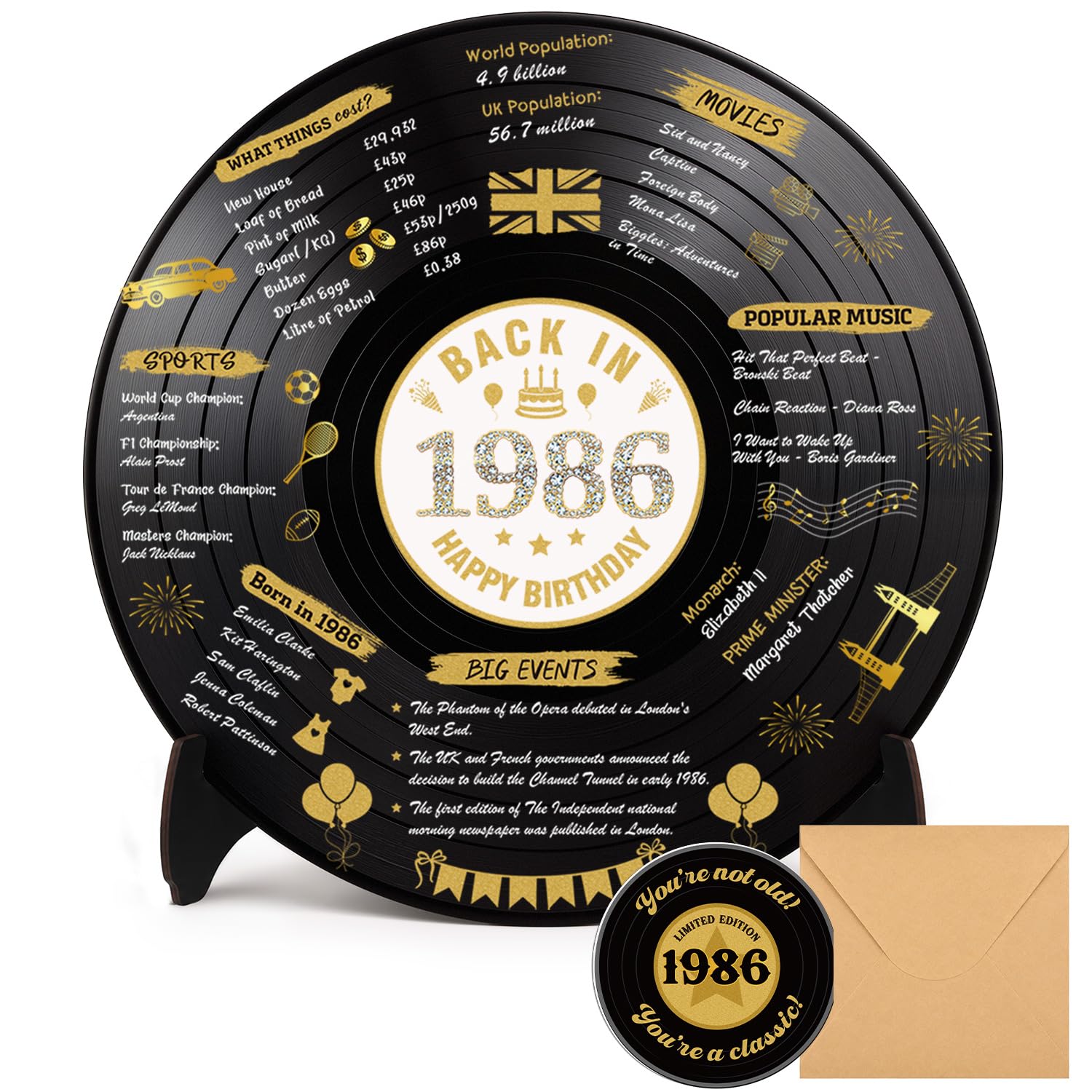 WenmthG 40th Birthday Gifts for Women Men - Large Vinyl Record 40th Birthday Decoration with Wooden Stand Greeting Card Envelope - Back in 1986 Party Supplies Sign Poster - Guest Book Alternative
