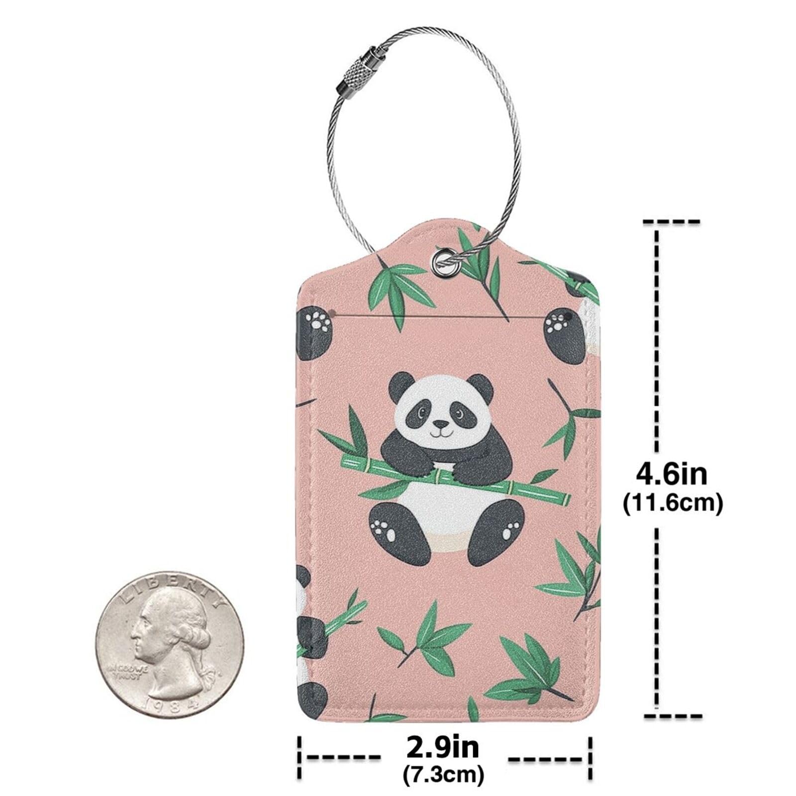 4 etiquetas de equipaje de piel sintética para maleta, etiqueta de equipaje de bambú rosa panda con lazo de acero inoxidable, etiqueta de identificación de cubierta de privacidad para mujeres y
