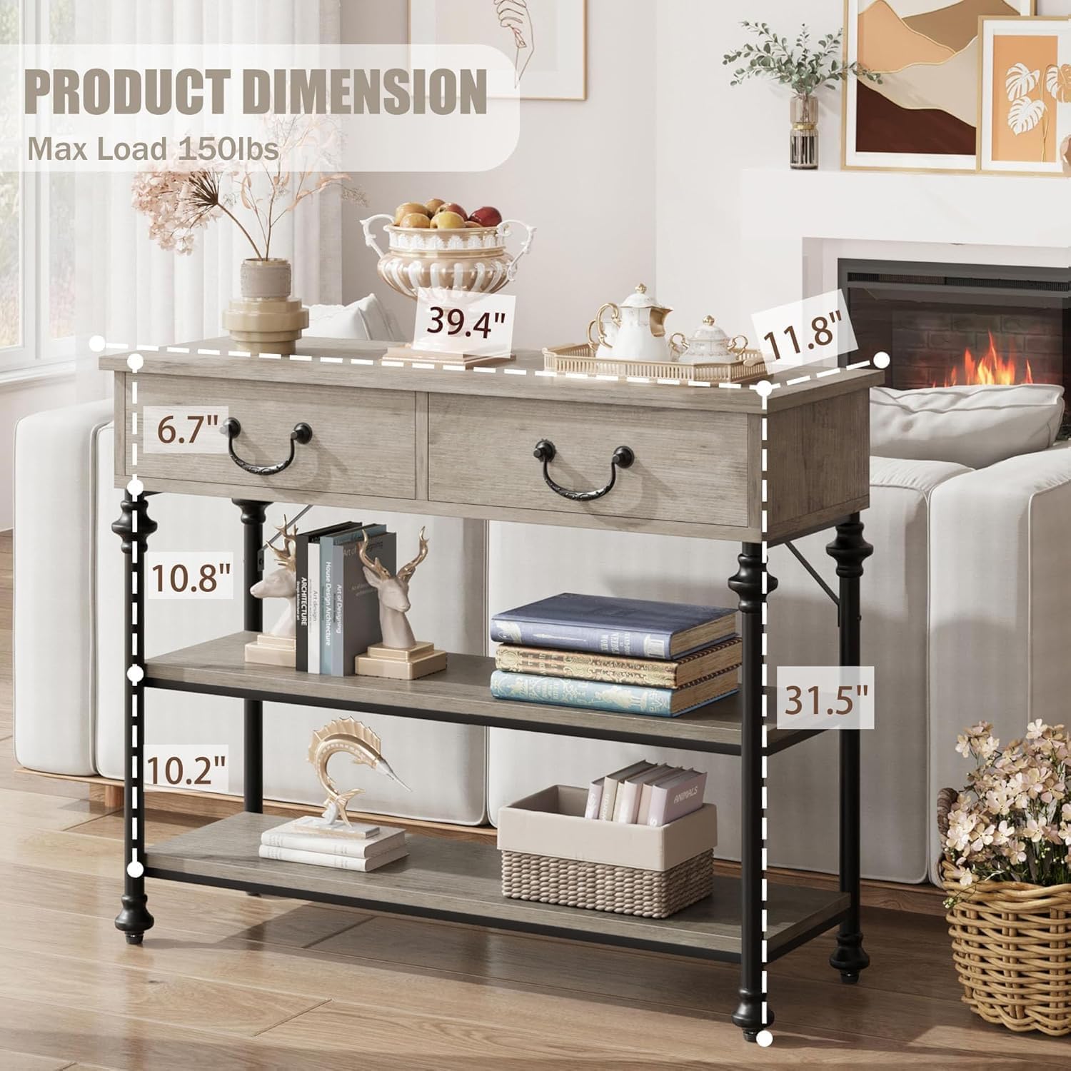 GarveeHome Mesa Consola Estrecha Moderna con 2 cajones y estantes – Estilo Columna Romana, Patas Calabaza – para recibidor, salón, Pasillo o detrás del sofá – Estructura Robusta – Color Gris
