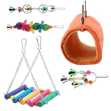 HEEPDD Bird Swing Toy, 5pcs/ Set Parrot Hammock Bell Toys Wooden Hanging Chew Climbing Toy Set for Small Parrots Macaws Parakeets Conures Cockatiels Love Birds