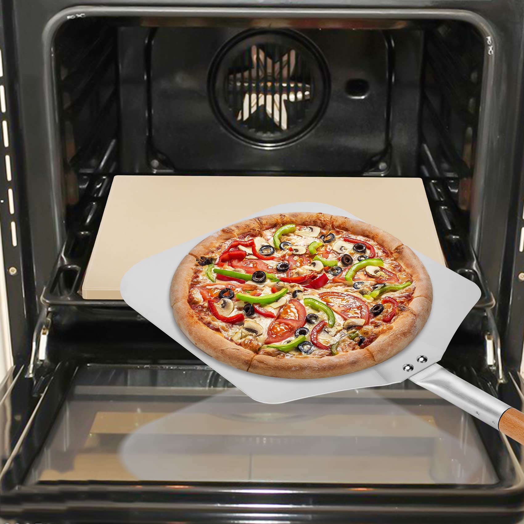 Mimiuo Pierre à Pizza avec Pelle, Kit Pierre Pizza Rectangulaire 38x30 cm et aluminium Pelle à Pizza 71,5cm- ensemble d'outils à pizza pour Four & gril à gaz et barbecue à charbon