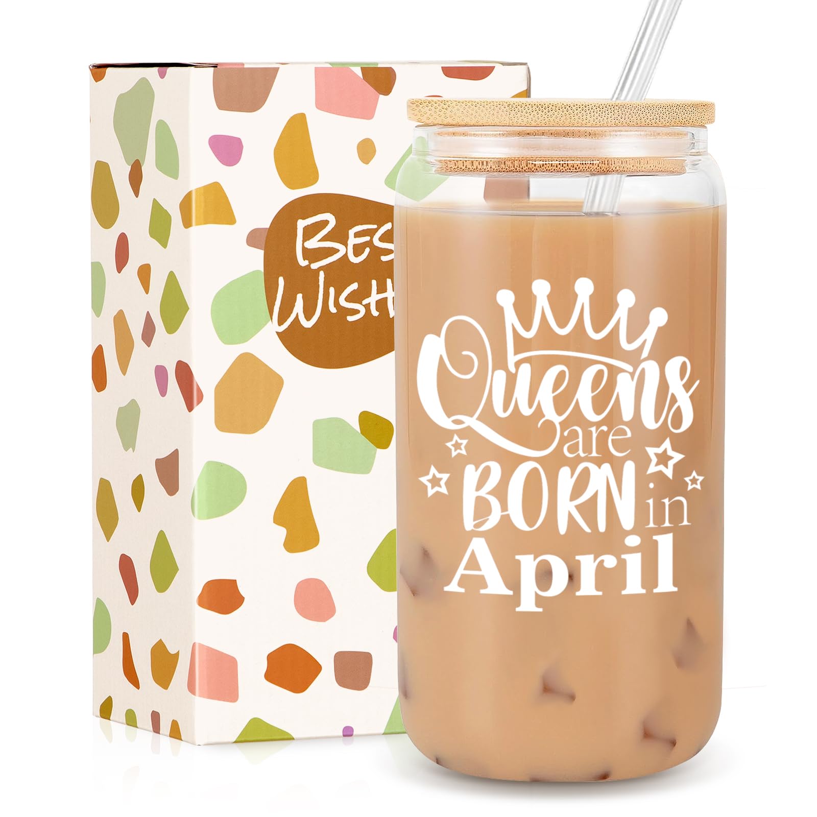 JANUARY Birthday Gifts for Women, Funny Happy Birthday Glass Cup Tumbler for her, Girlfriend, Friends, Wife, Mom, Bestie, Daughter, Sister, 18oz Unique Can Glass with Straw & Lid, Queens are Born in April