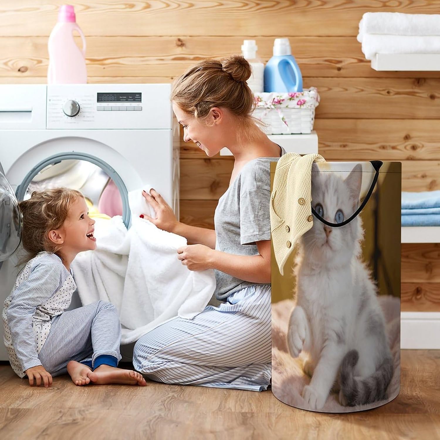 Cute Kitten Laundry Hamper 86L Waterproof Collapsible Clothes Basket with Double Handles Freestanding Foldable Laundry Basket Large Clothes Hamper for Bathroom