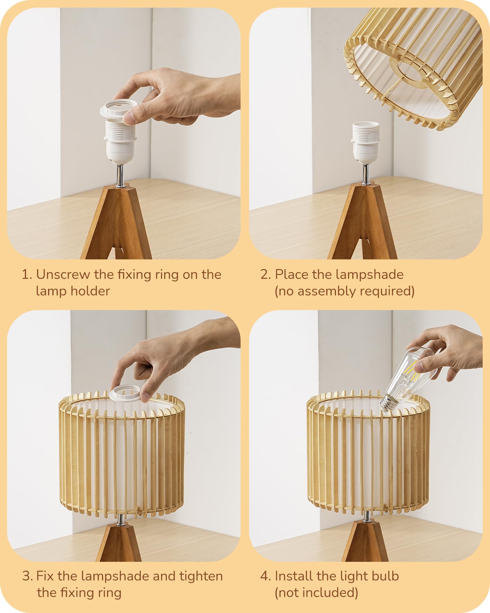 Lámpara de mesa pequeña de 14.17 pulgadas, lámpara de noche con trípode de madera, pantalla hueca de PVC blanco y madera natural, base E26, lámpara de mesita de noche bohemia para dormitorio, 4
