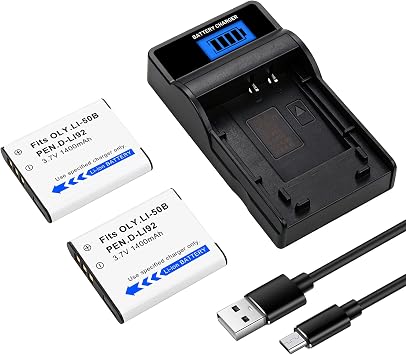 2-Pack Li-50B D-LI92 Battery and LED Charger Compatible with Olympus VR-340 1010 1020 1030SW Tough 6000 6020 8000 8010 MJU 1010 1020 TG 610 620 630 810 XZ-1 XZ-10