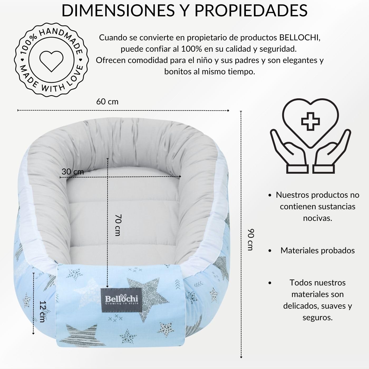 Bellochi Nido Bebe Recien Nacido Reductor de Cuna Nido para Bebe - 100% Algodón - OEKO-TEX Certificado - 90x60x12cm con Bordes Protectores - Rigel Star