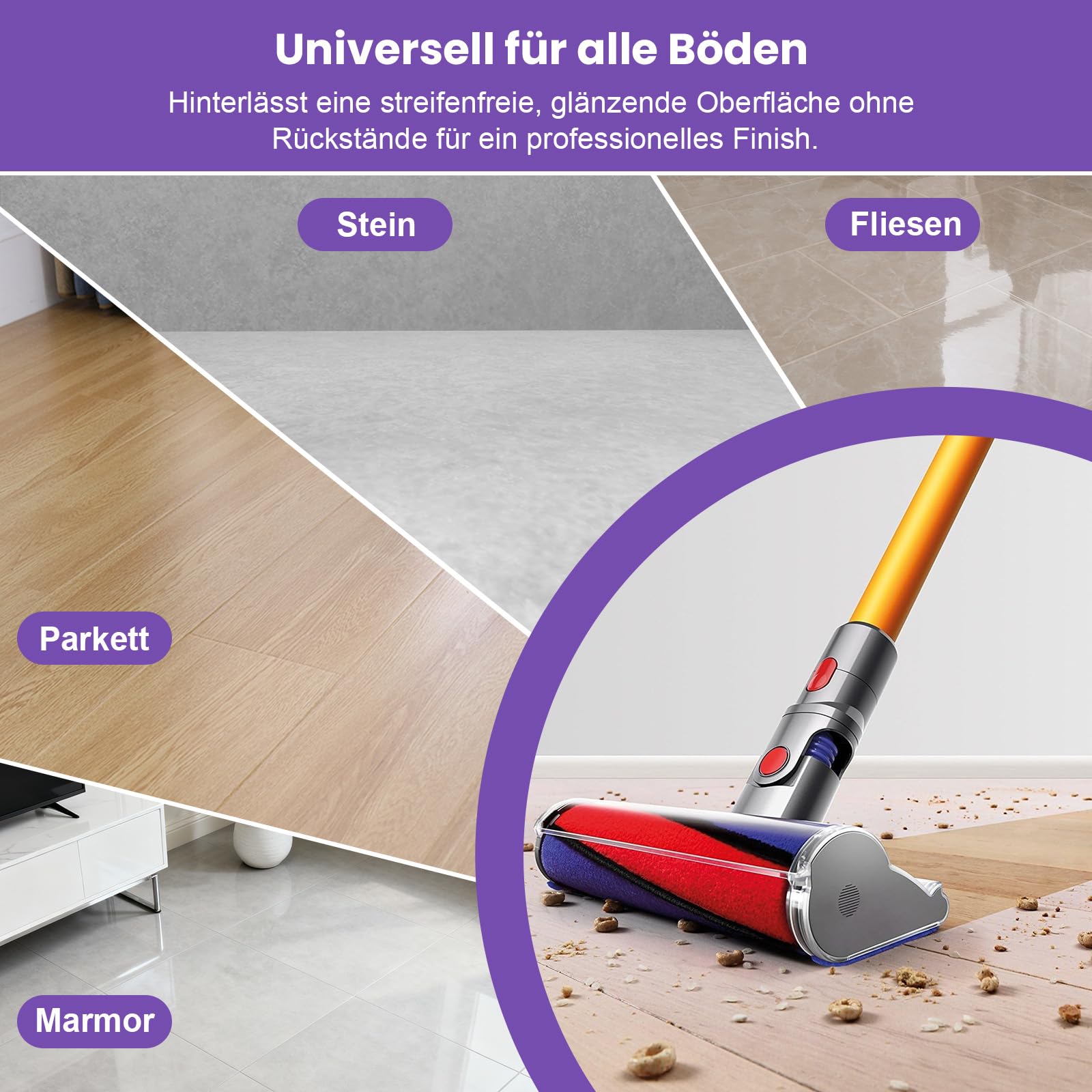Softwalze Bodendüse für Dyson V7 V8 V10 V11 V15 SV10 SV11 SV12 SV14 SV15 SV22 SV25 SV27 SV28 SV37 Staubsauger | Leiser, Leistungsstarker Elektrischer Soft-Roller-Bürstenkopf für Hartböden & Teppiche