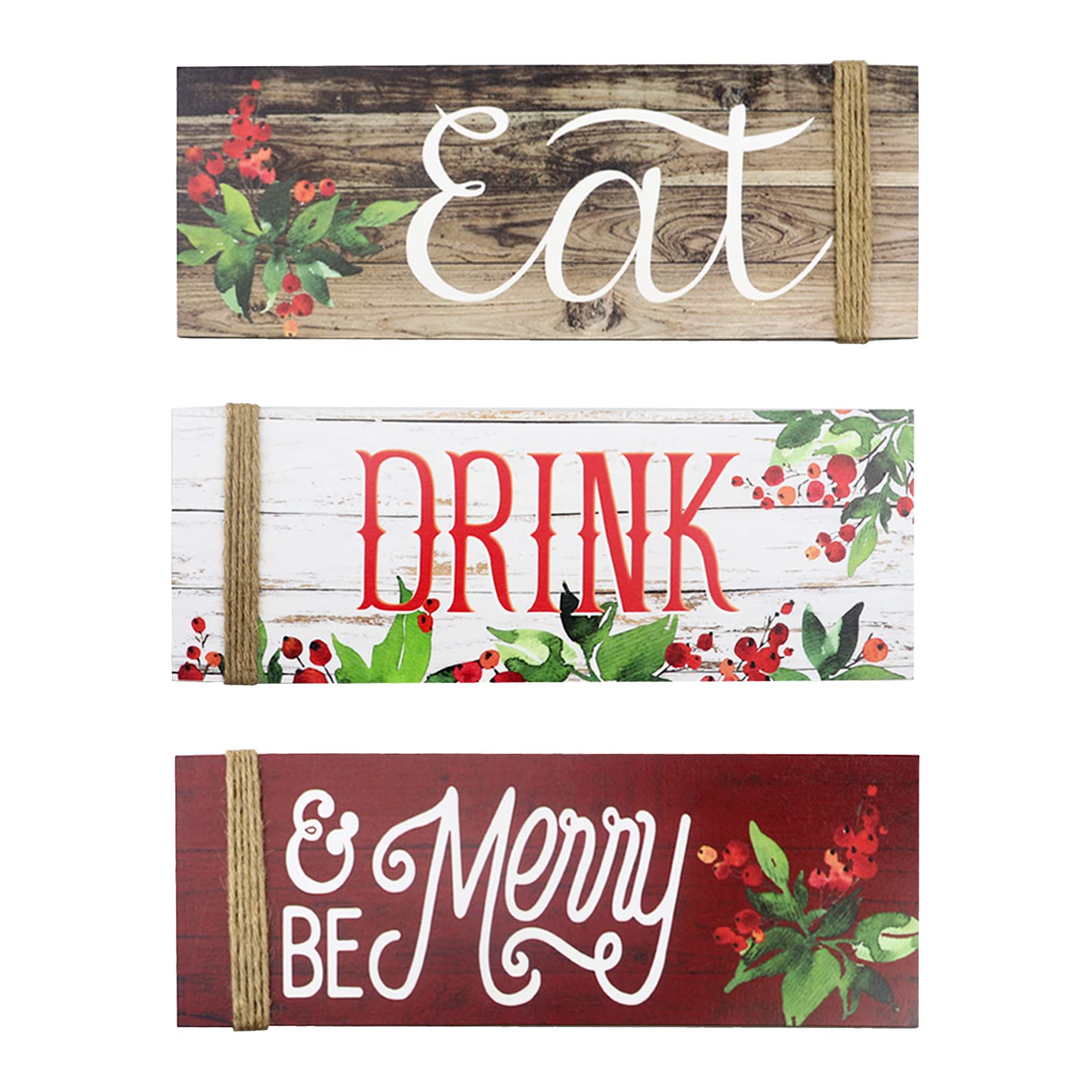 Generic 3PCS Christmas Wood Home Sign Be Merry&Eat&Drink Pattern Merry Christmas Front Door Sign for Wall Christmas Party Decoration