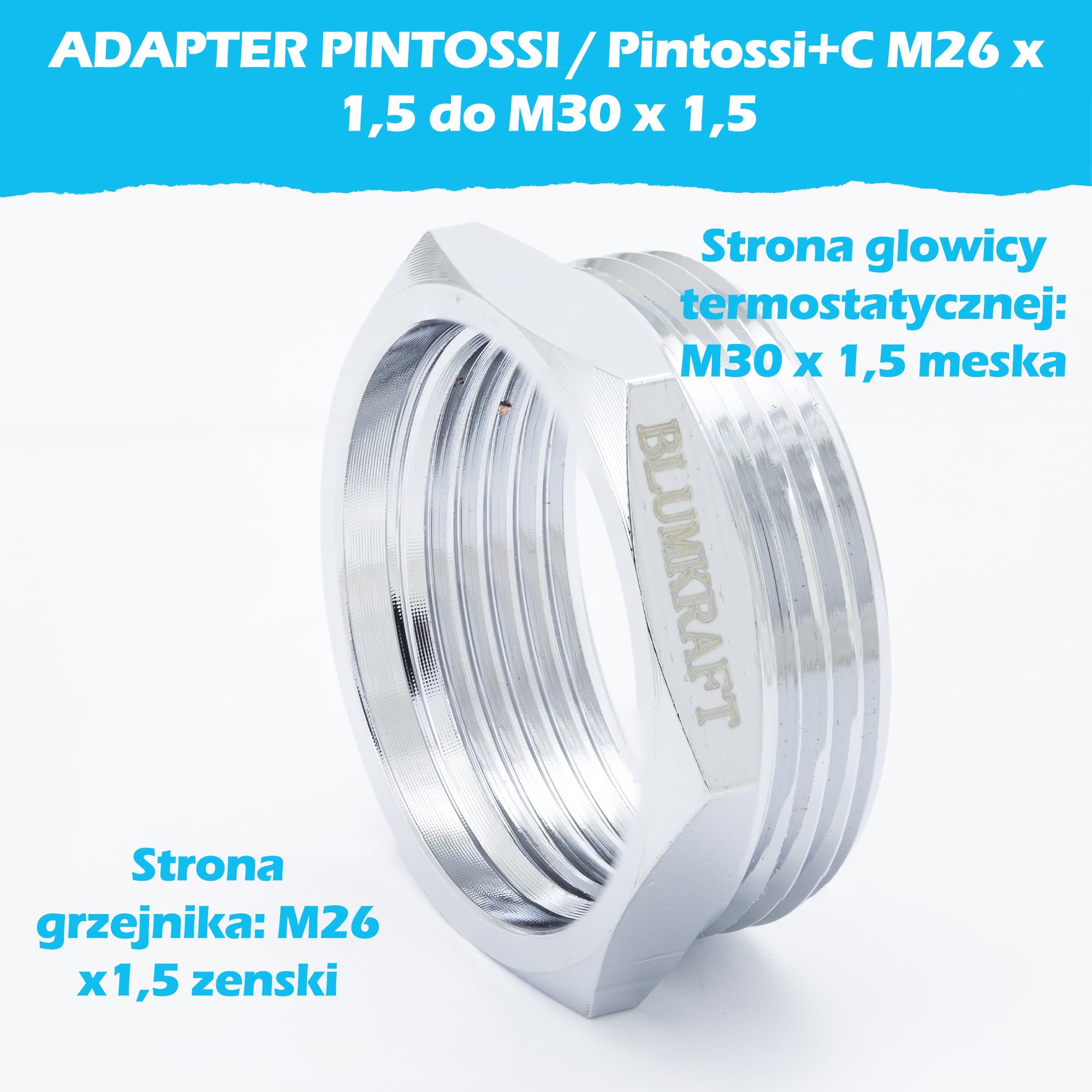 Metalowy adapter kompatybilny z Pintossi/Pintossi+c (Prototyp) chłodnicy do M26x1,5 dla termostatu/głowicy termostatycznej M30x1,5 męski