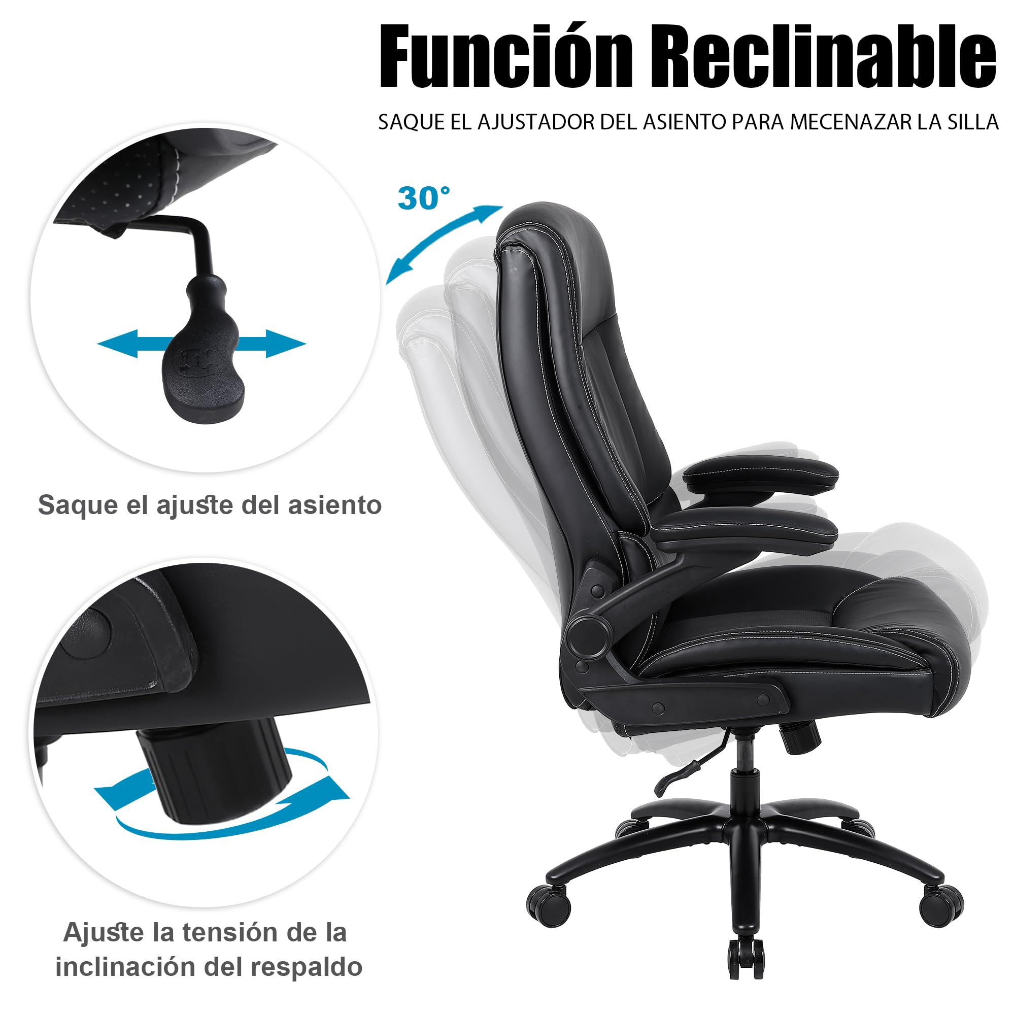 Youhauchair Silla Escritorio, Silla Oficina de 200 kg para Personas Pesadas, Silla Ergonomica Escritorio con Reposabrazos Abatibles, Sillas Escritorio de Cuero PU, Respaldo Alto, Negro