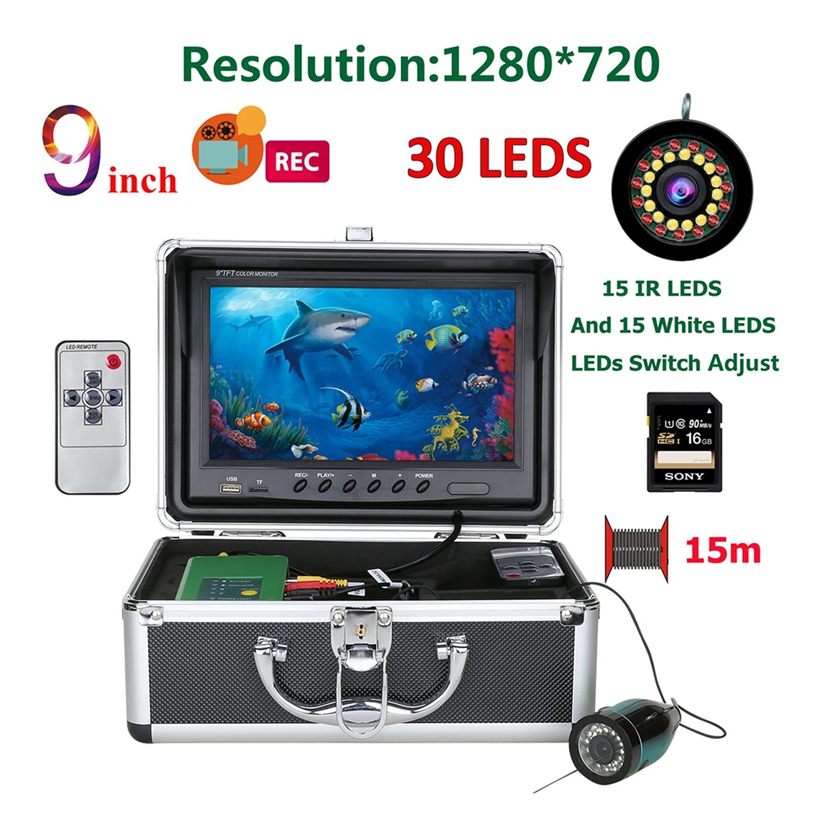 Podwodna kamera wędkarska, HD 1080P. Nagrywanie Fish Fisher Podwodny Kamera Wędkarska 15 sztuk Biała LE DS + 15 sztuk IR LE. DS. HD. Kamera rybacka z kartą 16G