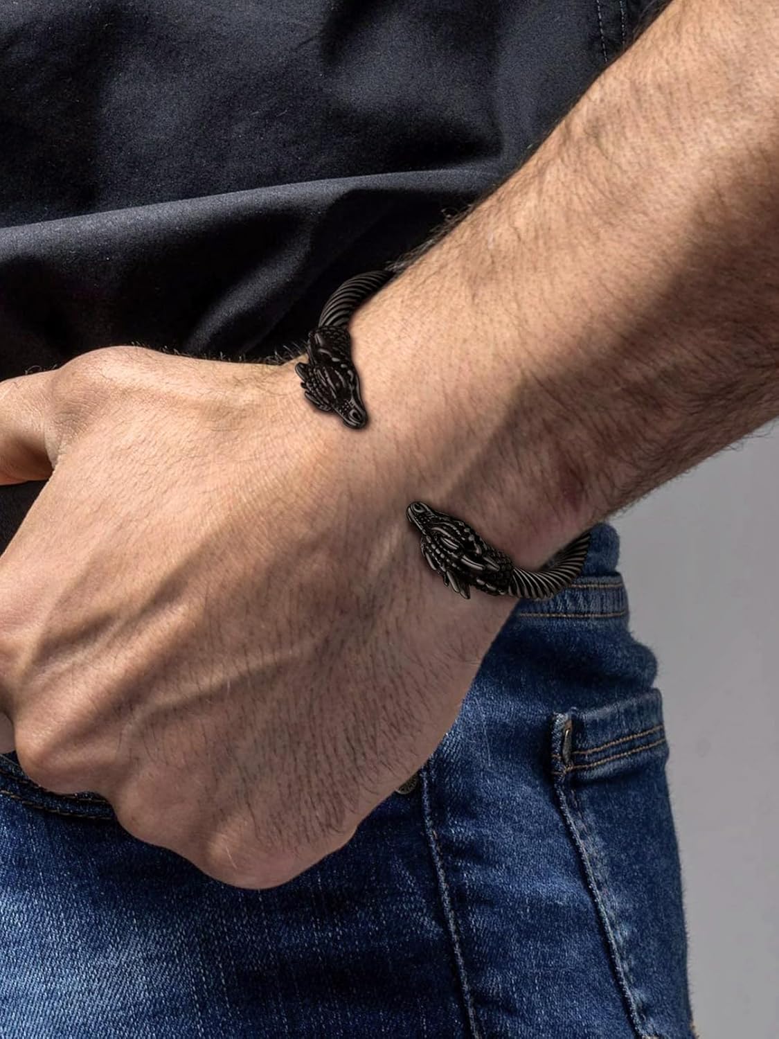 FaithHeart Viking Cuff Bracelets for Men, Silver/Black Stainless Steel Bangle Bracelet Norse Mythology Amulet Talisman Jewelry, Gift Box - Image 2