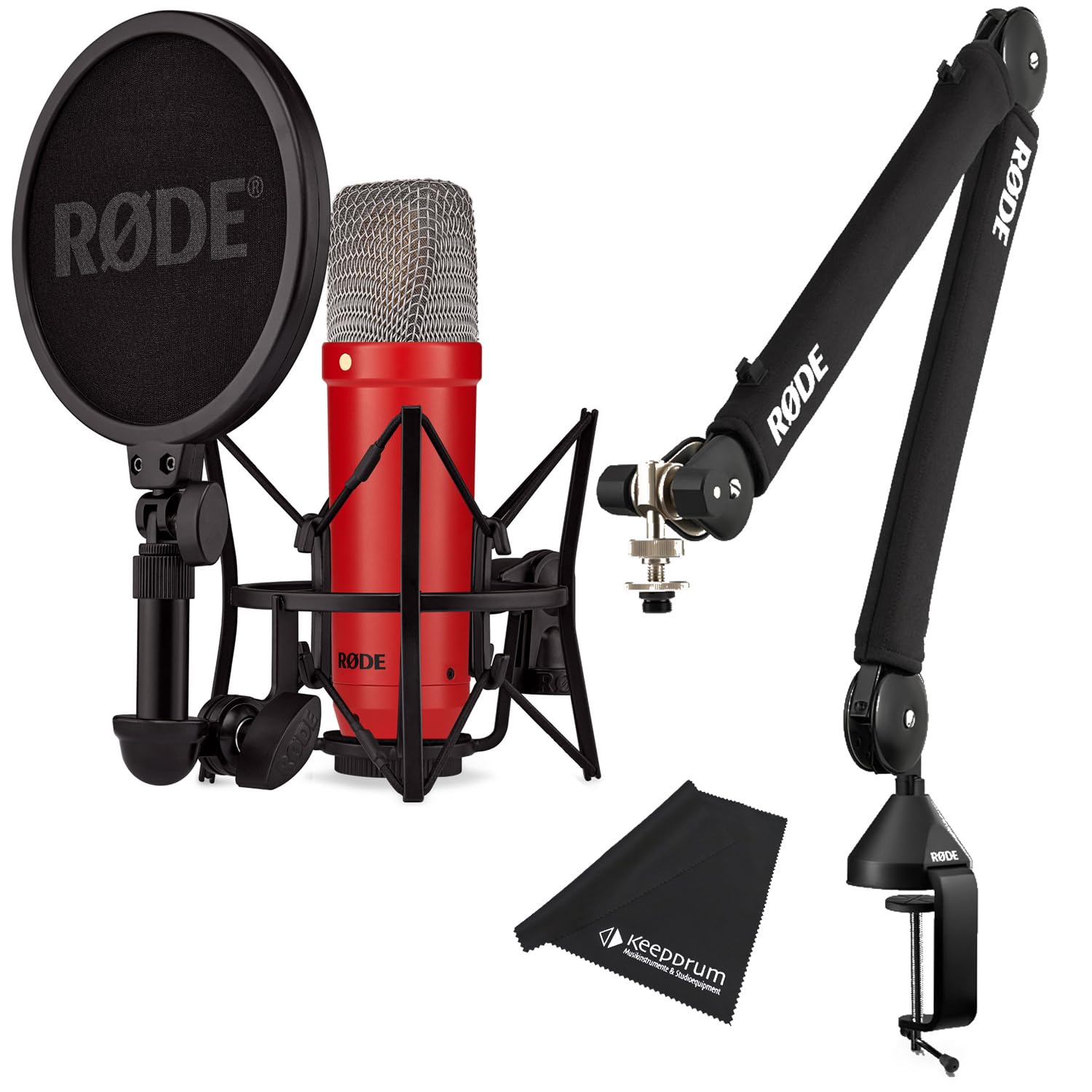 Rode NT1 Signature Red - Micrófono de estudio rojo + trípode de brazo articulado PSA-1 Plus negro + paño de microfibra keepdrum