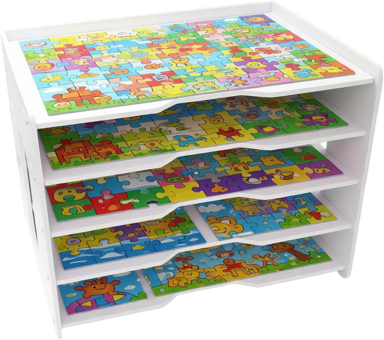5 Tier Puzzle Organizer Rack, Space Saving Tabletop Layered Storage Shelf for Completed & in-Progress, Flat & Thick Puzzles, Board Game Organizer (White)