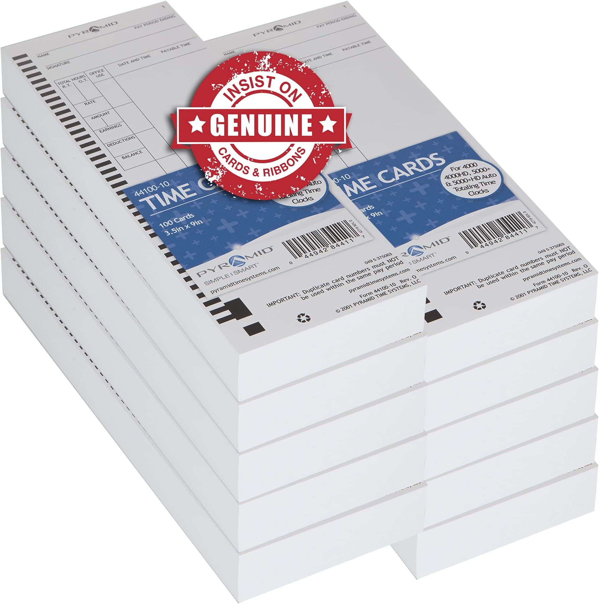 44100-10MB, 1,000 Count Genuine and Authentic Time Cards for 4000, 4000Pro, 4000ProK and 5000 Series Time Clocks from Pyramid, Time Cards