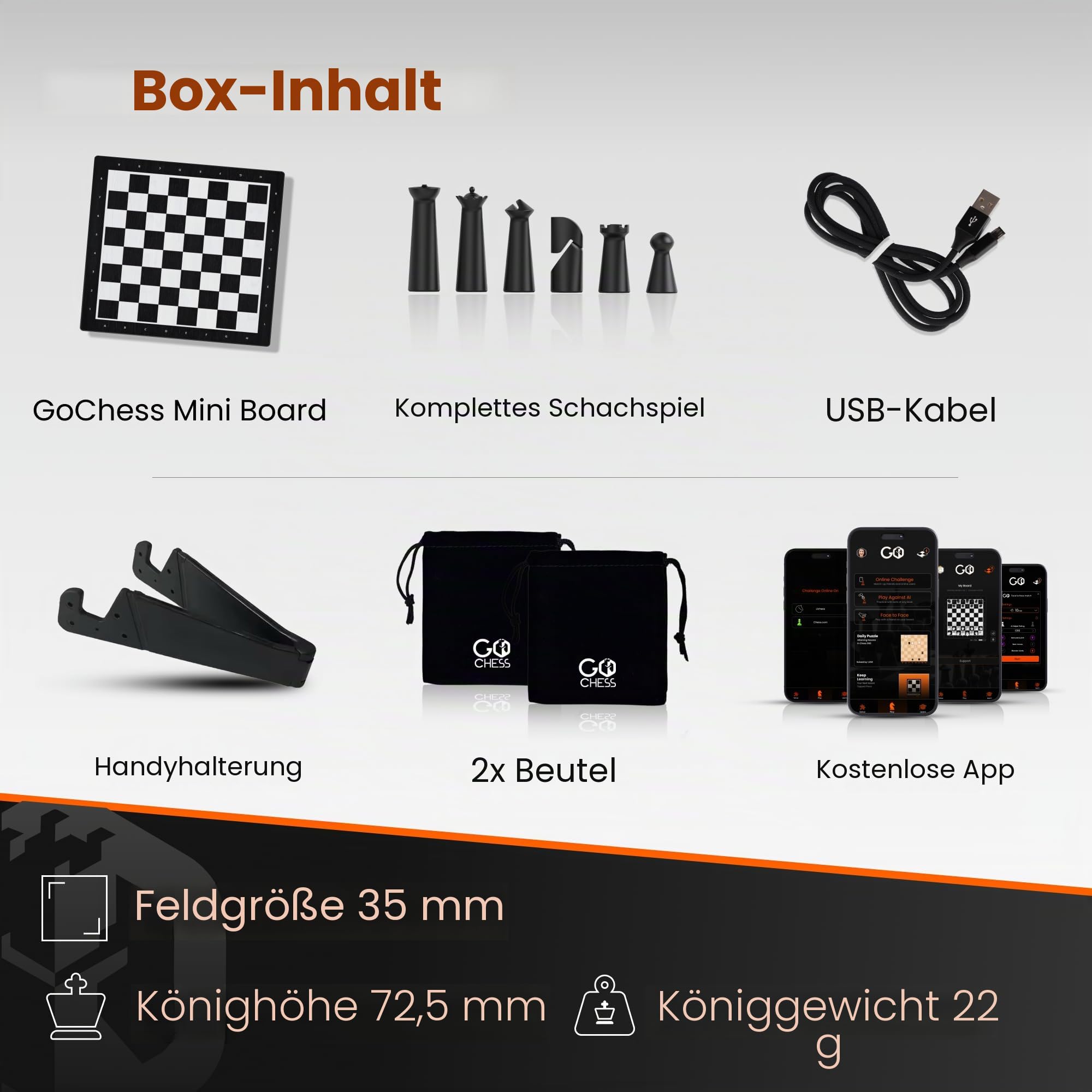 GoChess Mini - Elektronisches Smart-Schachbrett-Set für alle Spielstärken | Farbige Coaching-Lichter in Echtzeit. 32 Schwierigkeitsstufen und Online-Spiel. Verbindung zu Lichess und Chess.com
