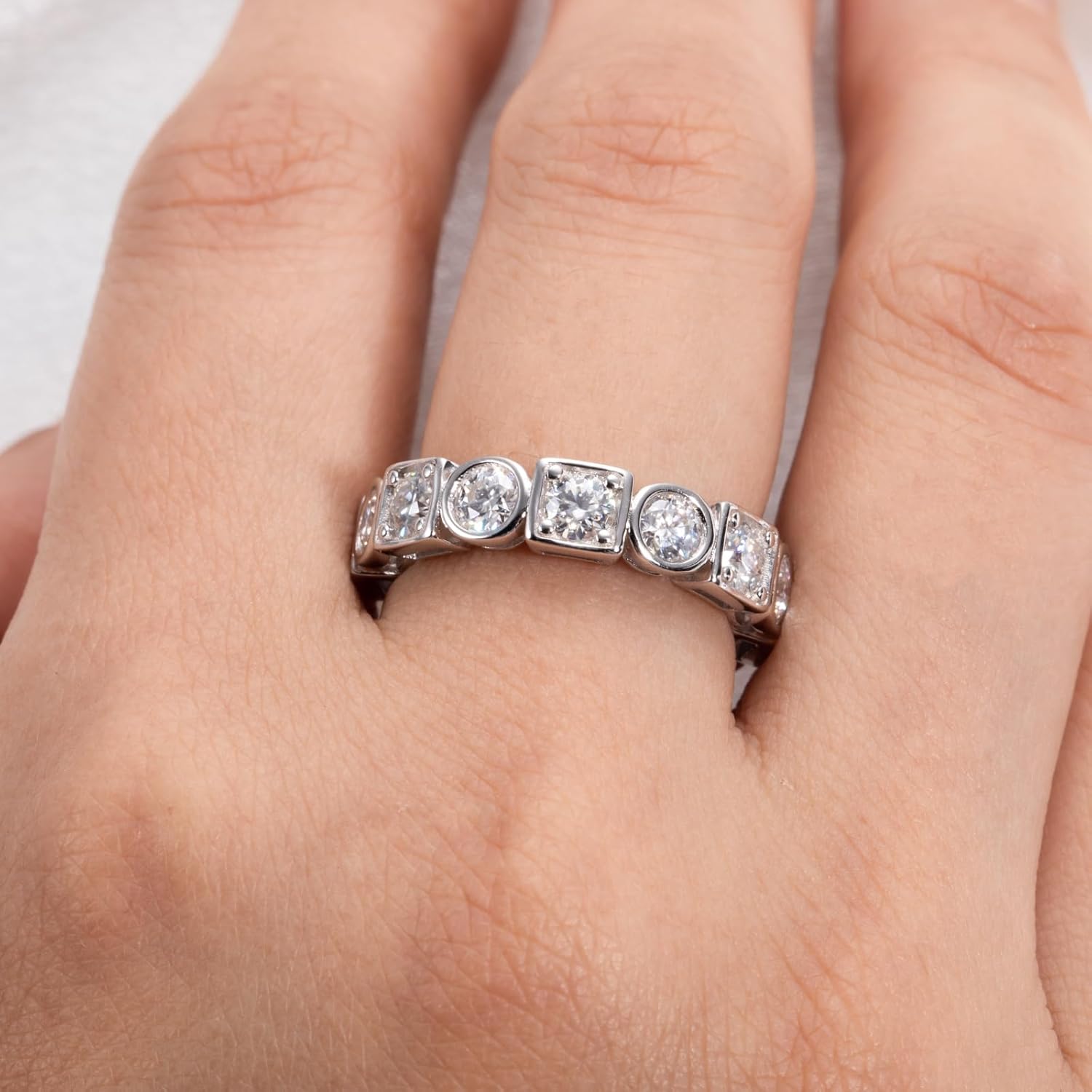 Moissanite Eternity Wedding Band Ring Eight Hearts and Arrows Wave/Geometric Shape Stackable Ring D Color VVS1 Clarity 925 Sterling Silver for Women With Certificate