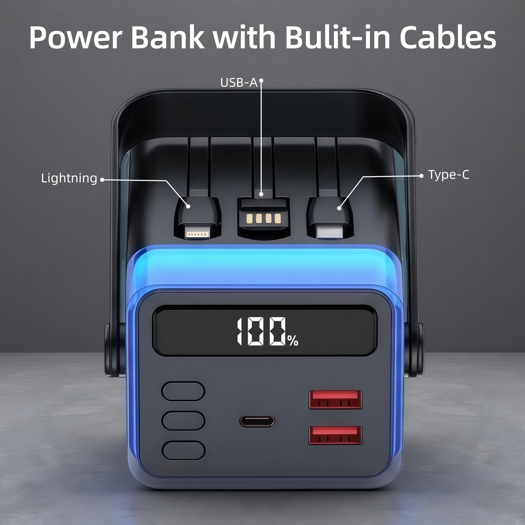 2026 Powerbank 50.000 mAh grande, 22,5W USB-C Quick Charger, Power Bank con 3 cables, 5 salidas, batería externa portátil con pantalla LED, linterna compatible con iPhone, Samsung (negro mate)