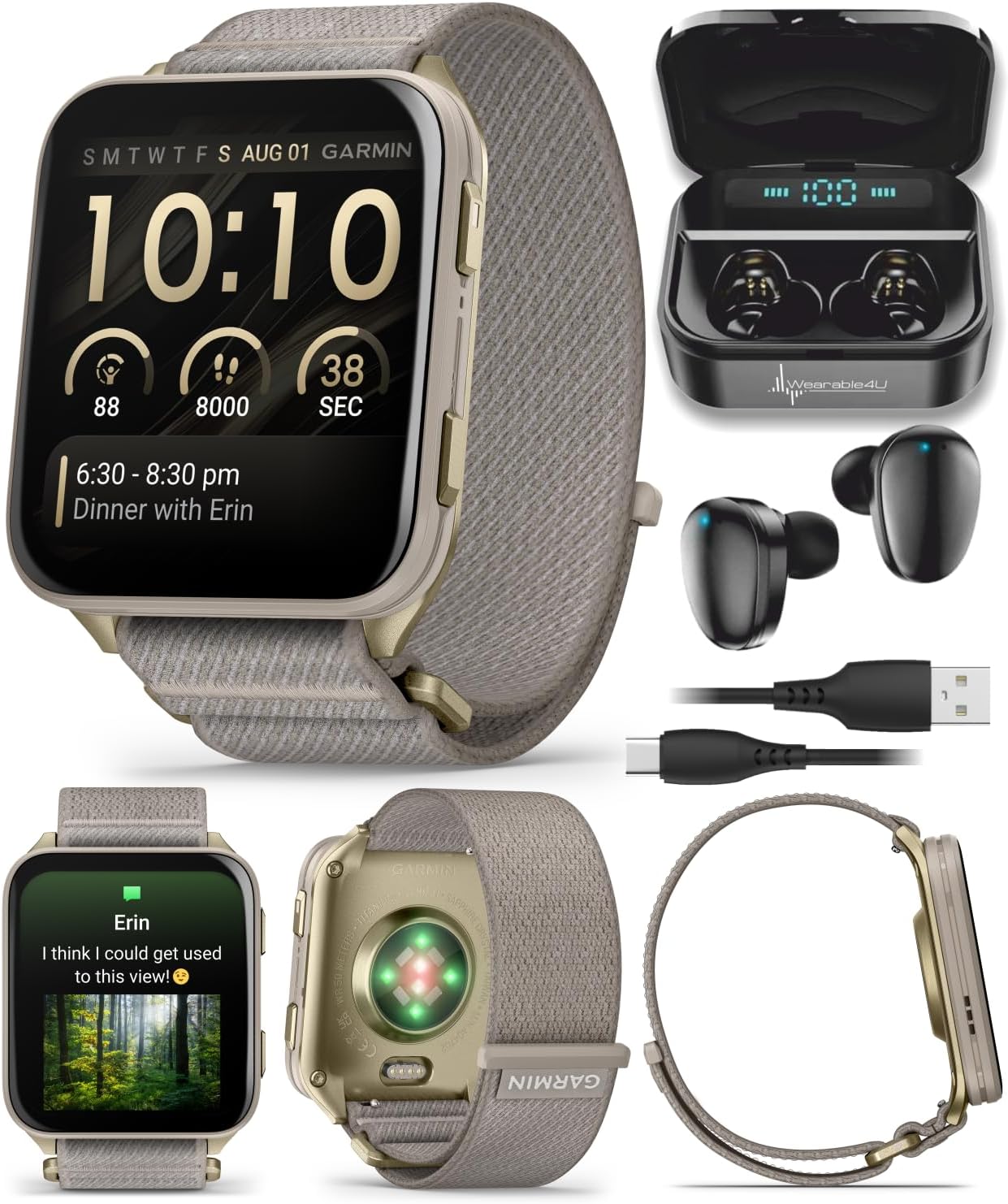 Wearable4U Garmin Venu X1 Thin and Lightweight GPS Smartwatch, AMOLED Display, Advanced Health & Fitness Features, Soft Gold w/Titanium Caseback & French Gray Nylon Band Black Earbuds Bundle