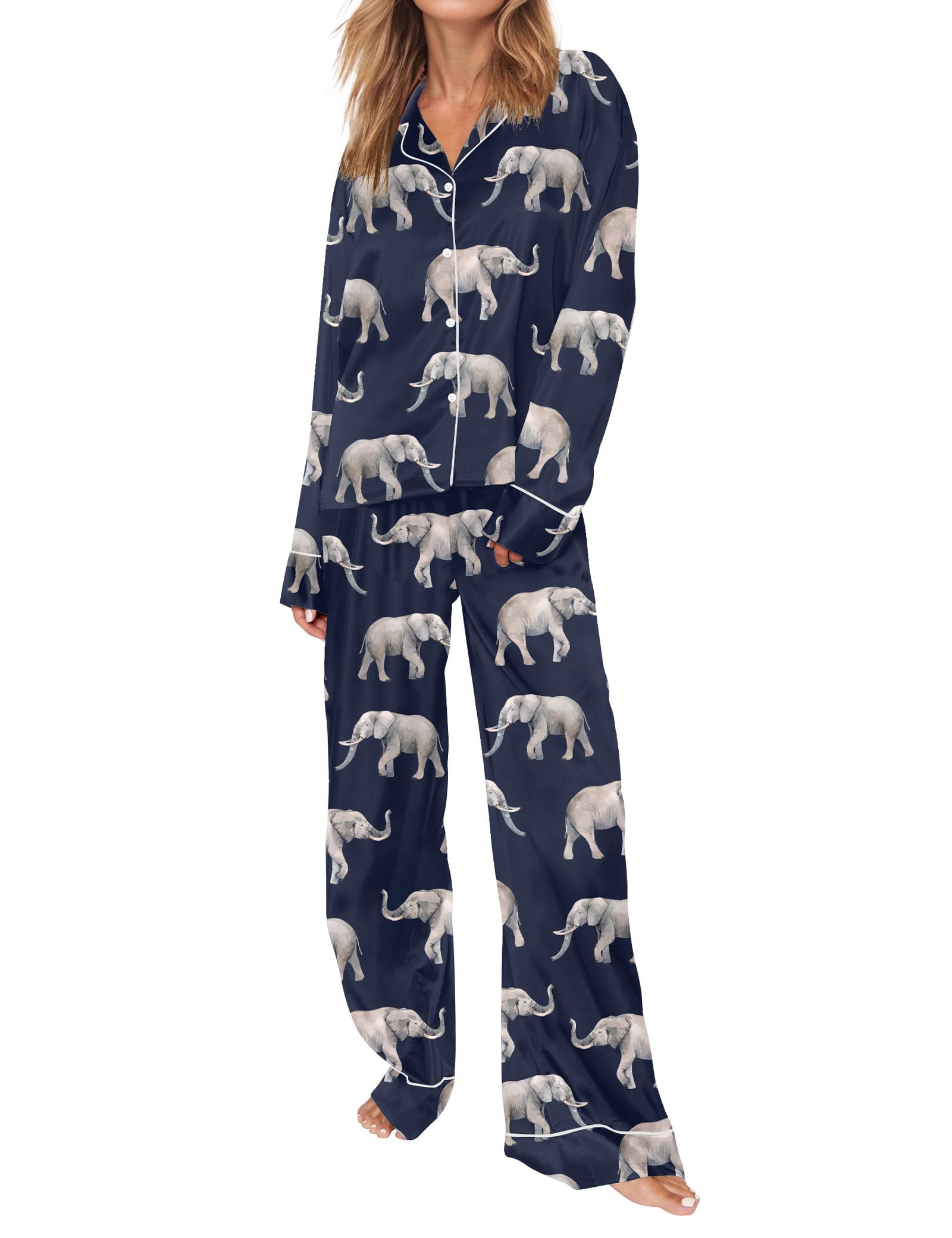 SHESHOW Satin Pajamas Set for Women Set Long Sleeve Button Down Pjs Sets 2 Piece Loungewear Animal Sleepwear XS-XXL