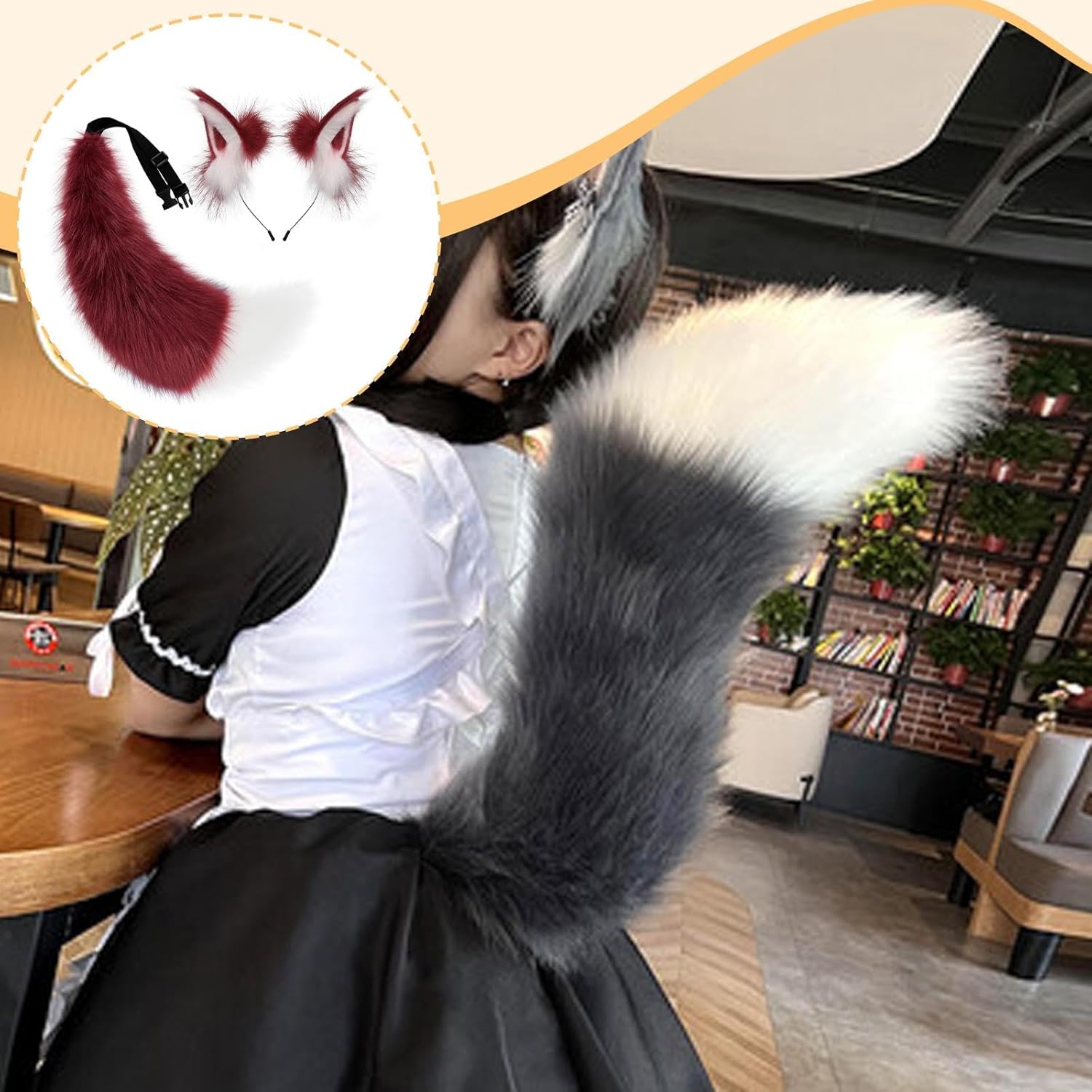 Animal Ear Headband Tail Set Halloween Costume Accessories for Festive Events, Red White