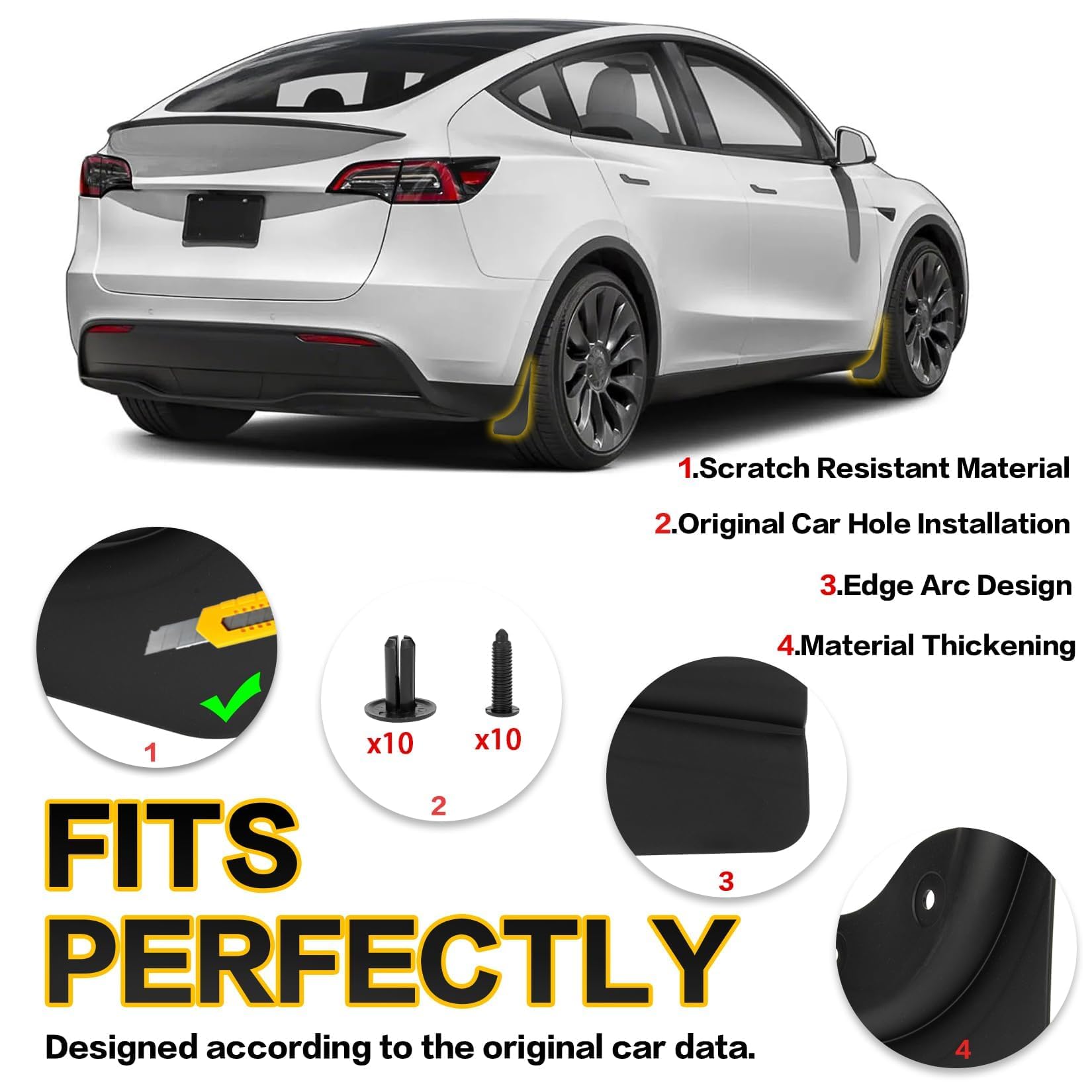 Parafanghi Anteriori Per Tesla Model Y (2019-2024) - Set Da 4 Paraspruzzi In Plastica Nera - Facili Da Montare, Senza Fori - 3