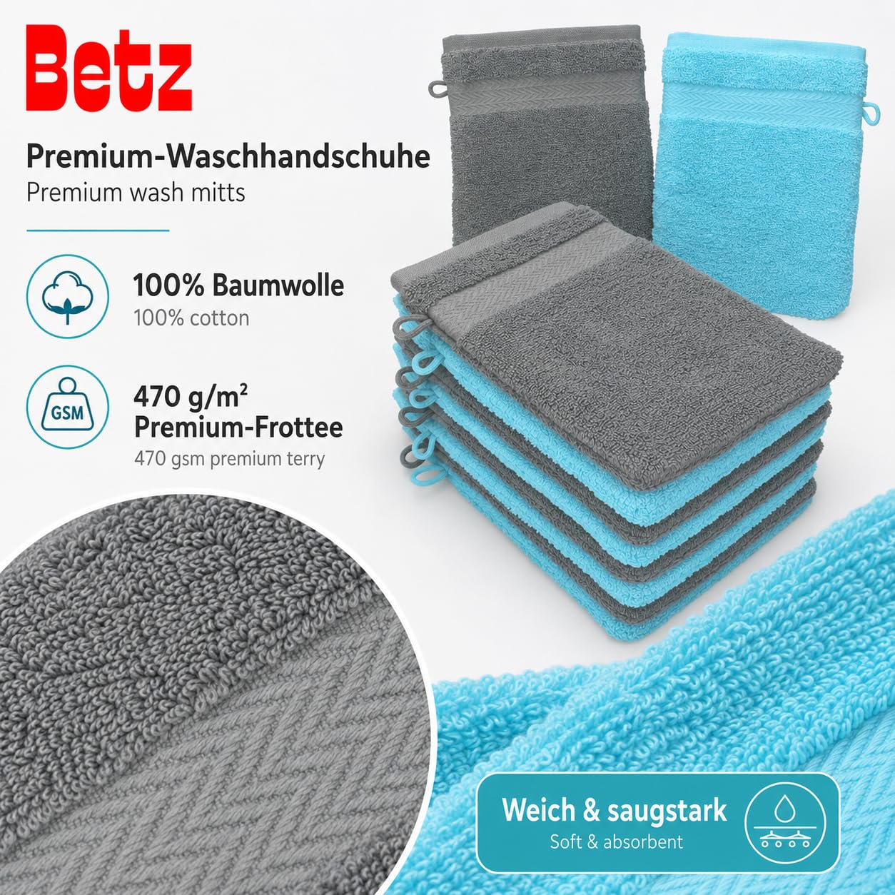 Betz Paquete de 10 Manoplas de baño Premium 100% algodón 16x21cm de Color Gris Antracita y Turquesa