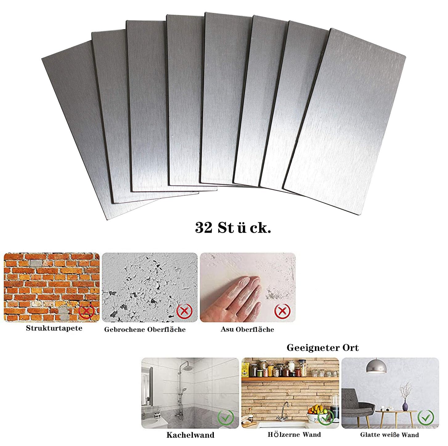 32-teilige Backsplash-Fliesen, Wandsticker, selbstklebende Aluminium-Wandpaneele, für Küche, Wohnzimmer, Schlafzimmer (32, Silber gebürstet)
