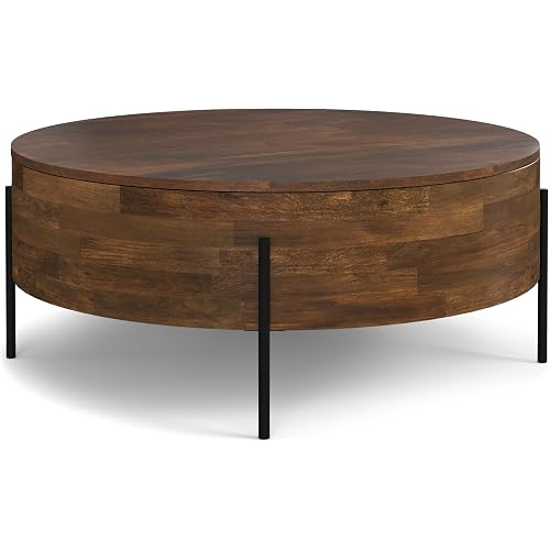 SIMPLIHOME Rayburn 38" Wide Solid Wood Drum Coffee Table in Walnut Brown | Modern round coffee table with black metal legs and a large surface; fully assembled center table or cocktail table.