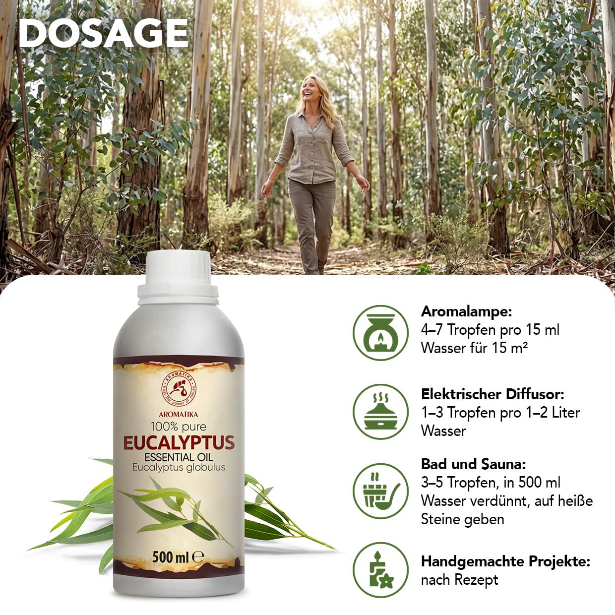 Ätherisches Eukalyptusöl 500 ml - Eucalyptus Globulus - Reines Ätherisches Eukalyptus Öl - für Diffusers und Duftlampen - Saunaduft - Aromakerze - Frischer Aroma - Lufterfrischer - Aromatherapie