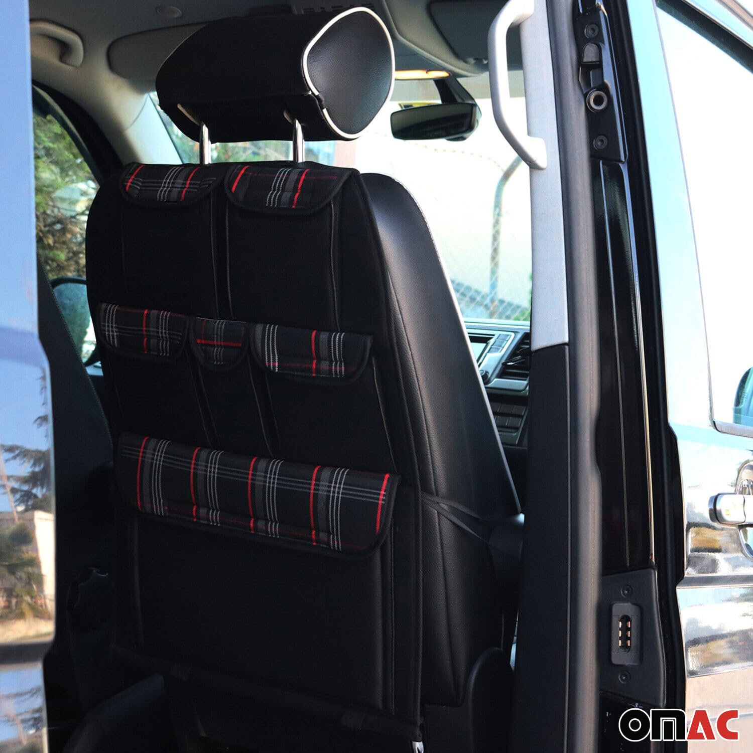 OMAC GmbH Autositz Organizer Rücksitztasche kompatybilny z T5 2003-2015 | Organizer z Tasche Rücksitzschoner do Autos | Autositzschoner z Rücklehnenschutz (Czerwony)