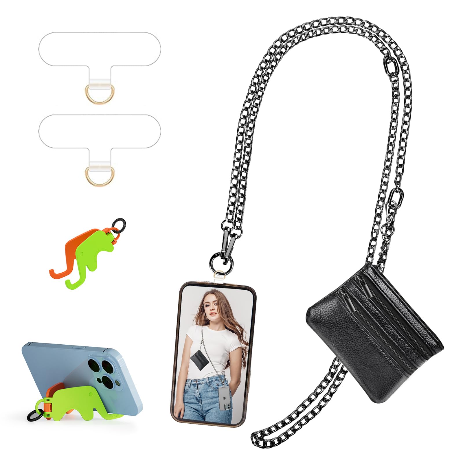 Clip and Go Strap for Phone Gun Metal Chain with Black Pouch Wallet Crossbody Phone Lanyard for Women with Cell Phone Stand Holder 2 Patches Tether Adjustable Anti Theft for iPhone 16 15 14 All Phones