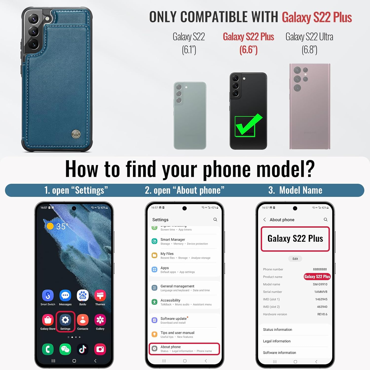 Vinich for Samsung Galaxy S22 Plus Wallet Case with Card Holder, RFID Blocking Credit Slots Kickstand Shockproof Phone Cover Fit for Galaxy S22 Plus 6.6" Blue - Image 6