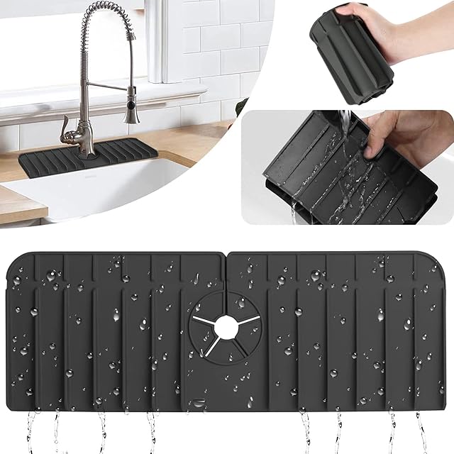 VASIN Silicone Faucet Mat, Silicone Sink Splash Guard Upgrade Silicone Faucet Absorbent Mat-Sink Draining Pad Behind Faucet for Kitchen Bathroom,Sink Mat, Dish Drying Mat, Sponge HolderBlack