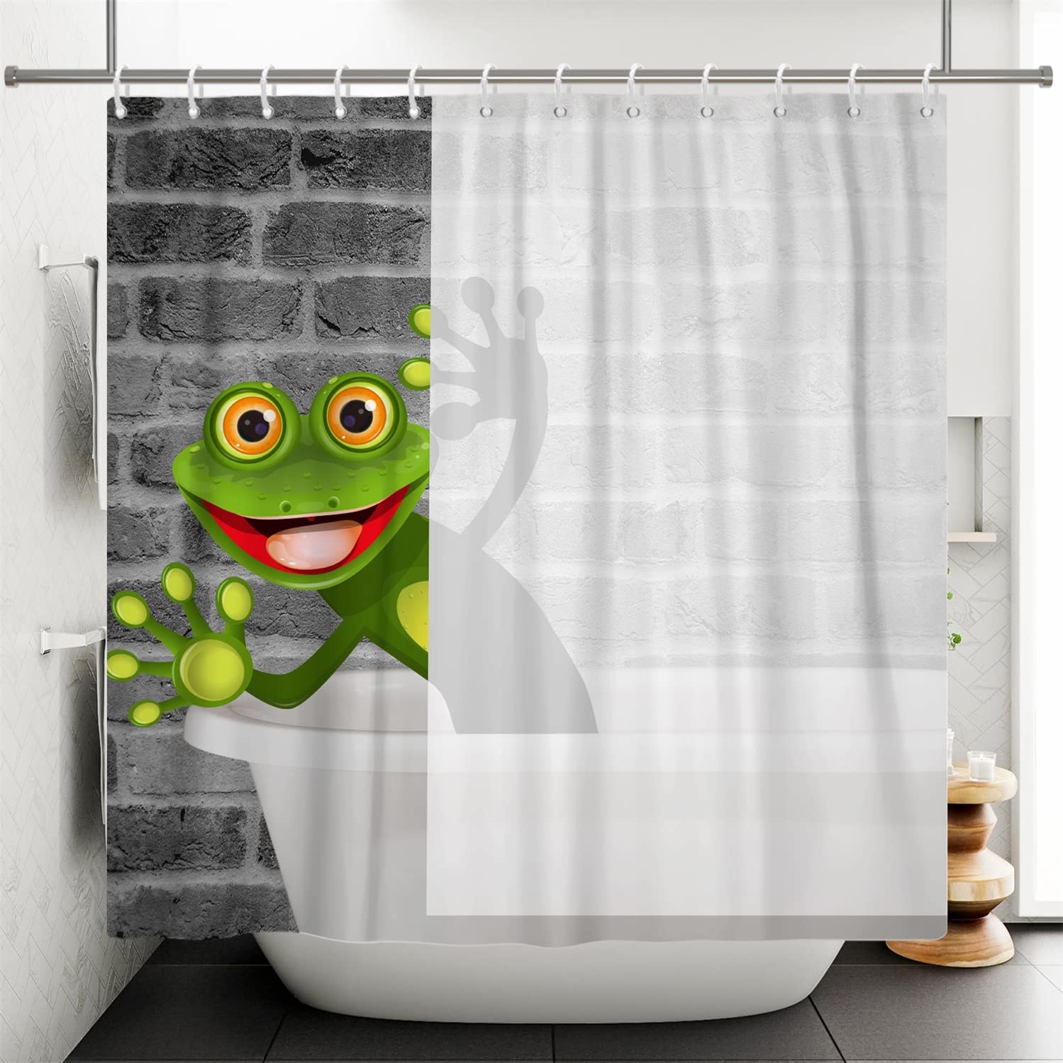 SDOTPMT 165x183cm Cartoon Frog Shower Curtain Cute Funny Frog with Greater Eye Animal Bath Curtain Grey Brick Wall White Bathtub Curtain for Kids Bathroom Fabric Polyester Waterproof with Hooks - Image 2