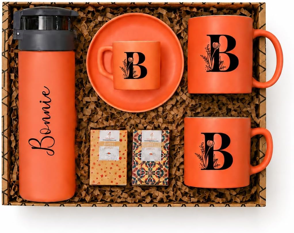 Personalized Coffee & Tea Gift Set with Water Bottle, Mug, Turkish Coffee Cup and Flavored Turkish Coffee – Custom Name & Initial Gift Box