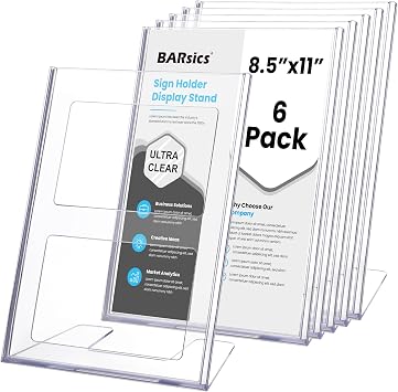 حامل لافتة بلاستيكي BARsics 8.5x11 حزمة عرض ورقية شفافة ذات تحميل علوي مكونة من 6 قطع
