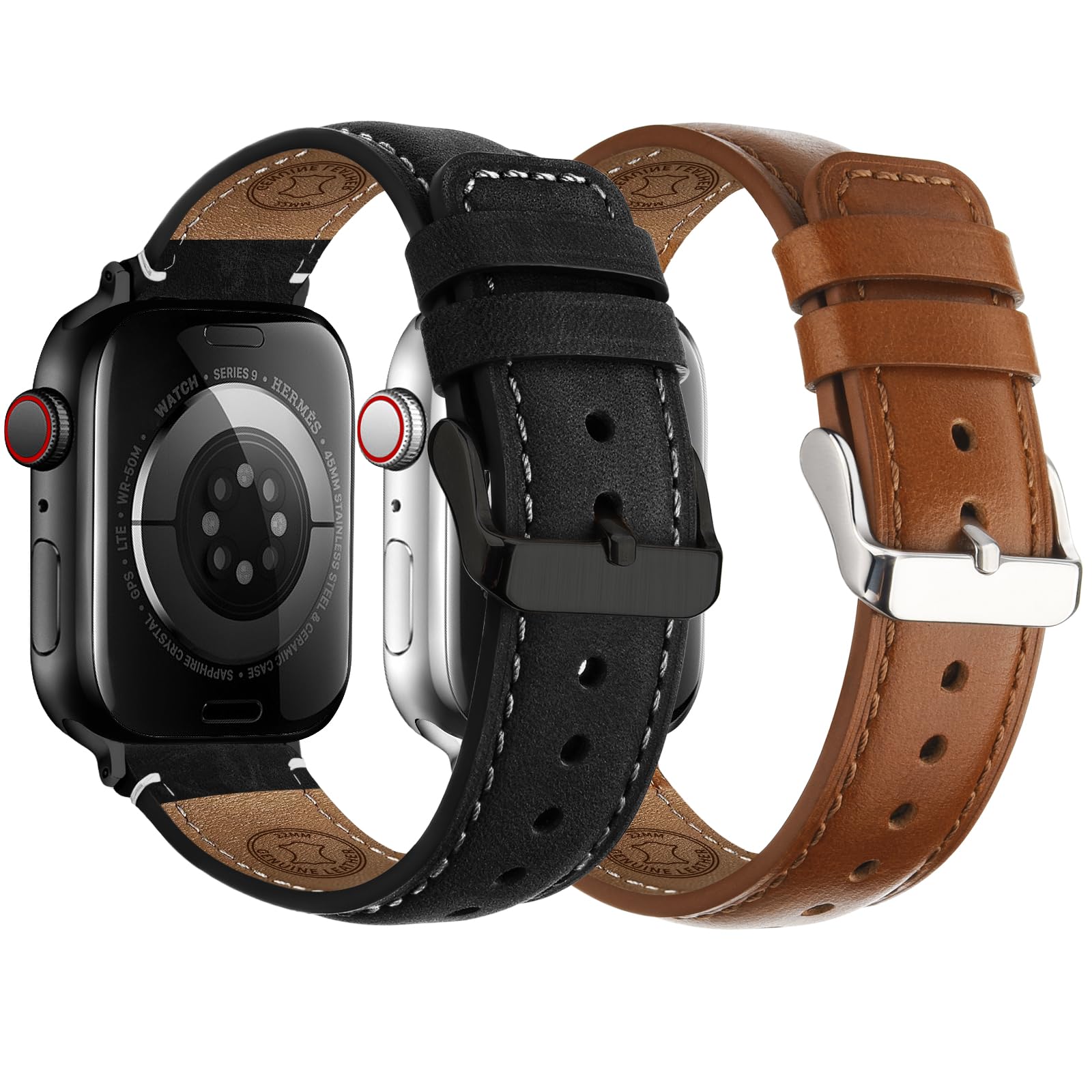 Fullmosa Leather Bands Compatible with Apple Watch Straps 49mm 46mm 45mm 44mm 42mm,Top Grain Leather iWatch Band for Apple Watch Ultra SE Series 11 10 9 8 7 6 5 4 3 2 1,Brown+Silver/Black+Black