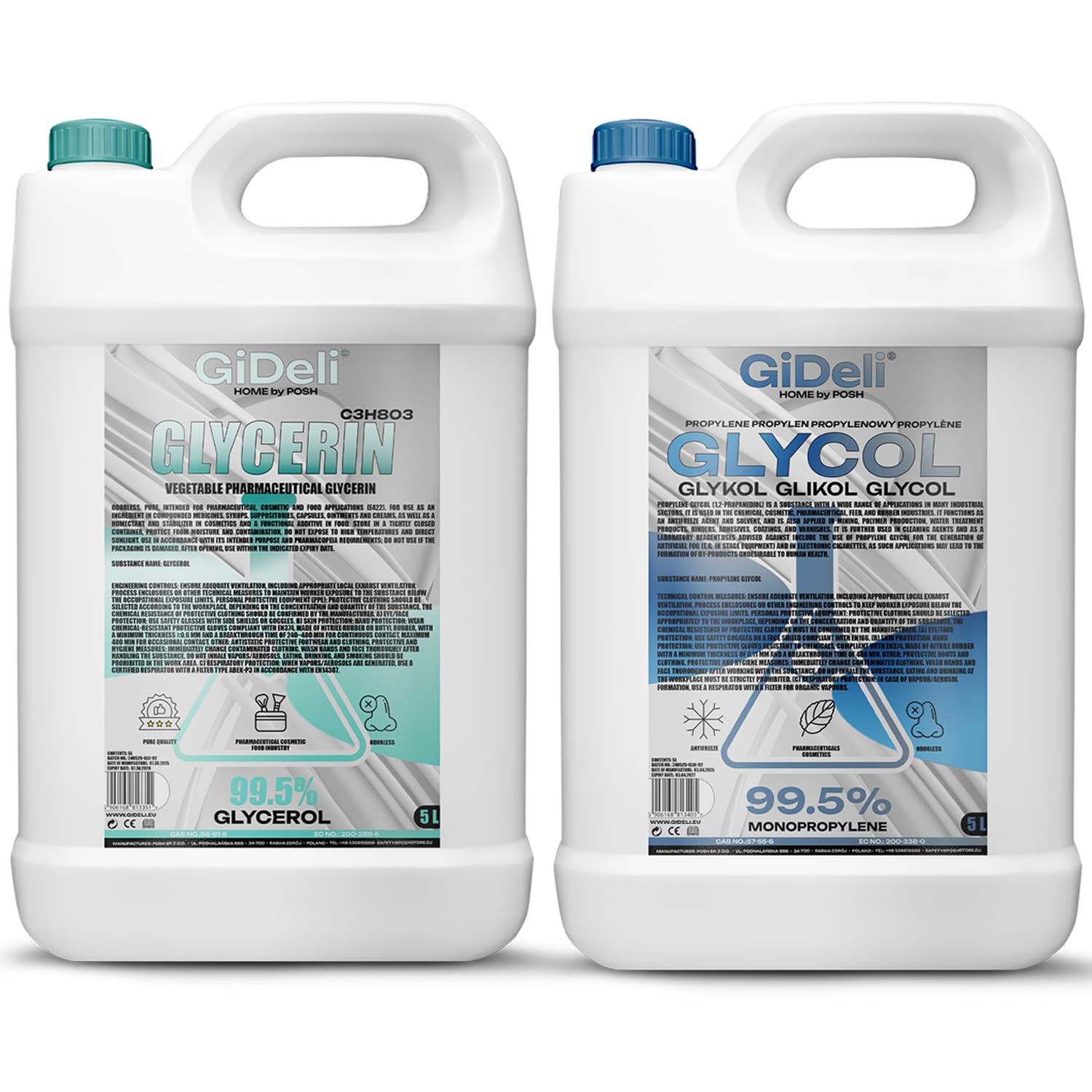 GiDeli Glikol propylenowy 5 l 99,5% + 5 l glikol propylenowy 99,5%, zestaw 2 surowców do kosmetyków, farmaceutyków, chemii, laboratoriów i zastosowań technicznych, łącznie 10 l w 2 kanistrach