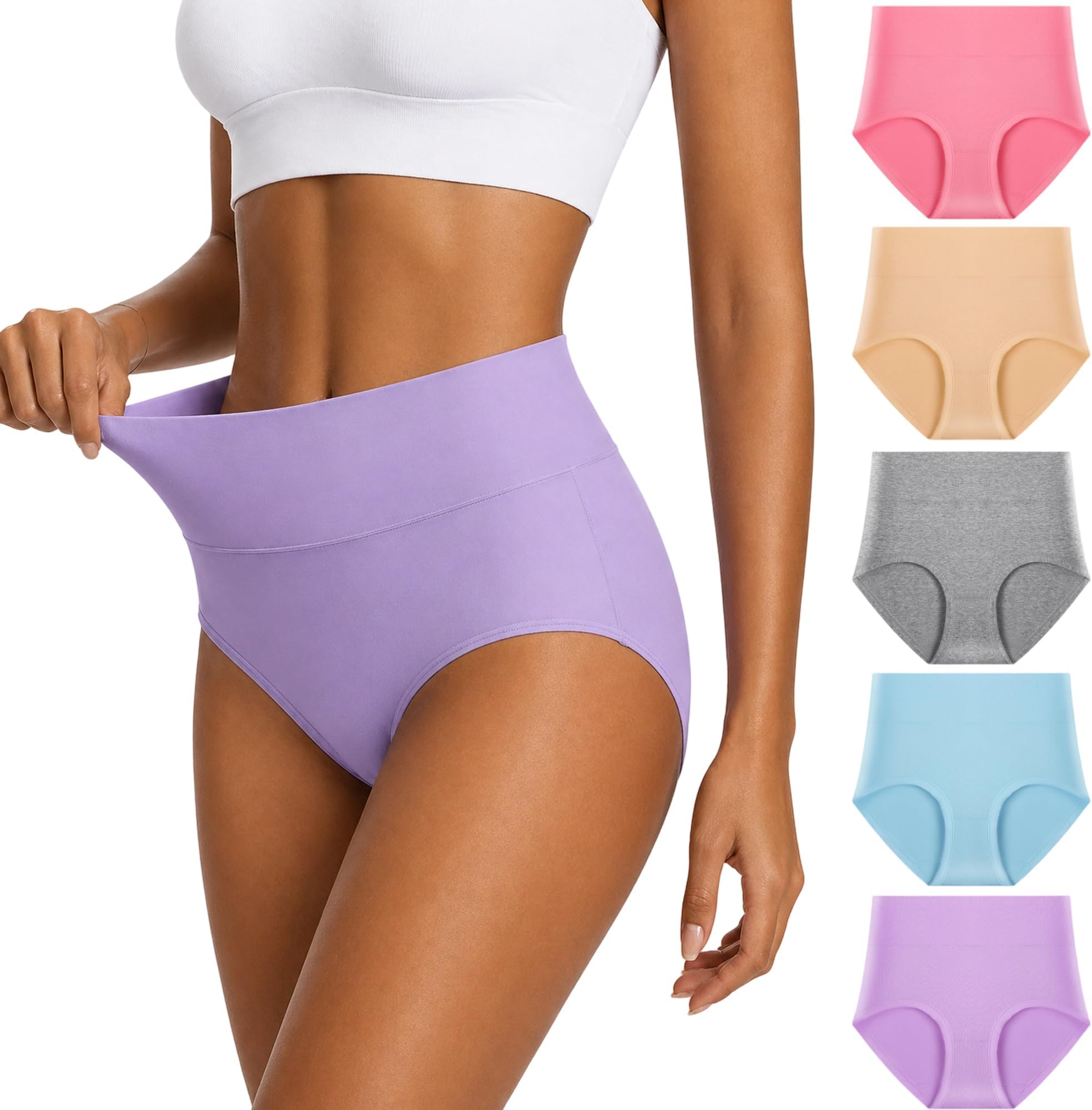 Ladies Comfort Cotton Underwear 5 Pack High Waist Briefs Tummy Control Stretch Panties Underpants for womens