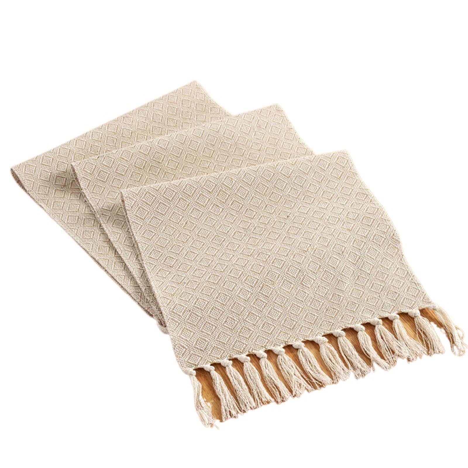 Woven Table Runner Tablecloths Cotton Linen Handmade Tassel Cloth For Home Decoration TV Cabinet Coffee Flag For Home Party Decor(Beige,30*240cm)