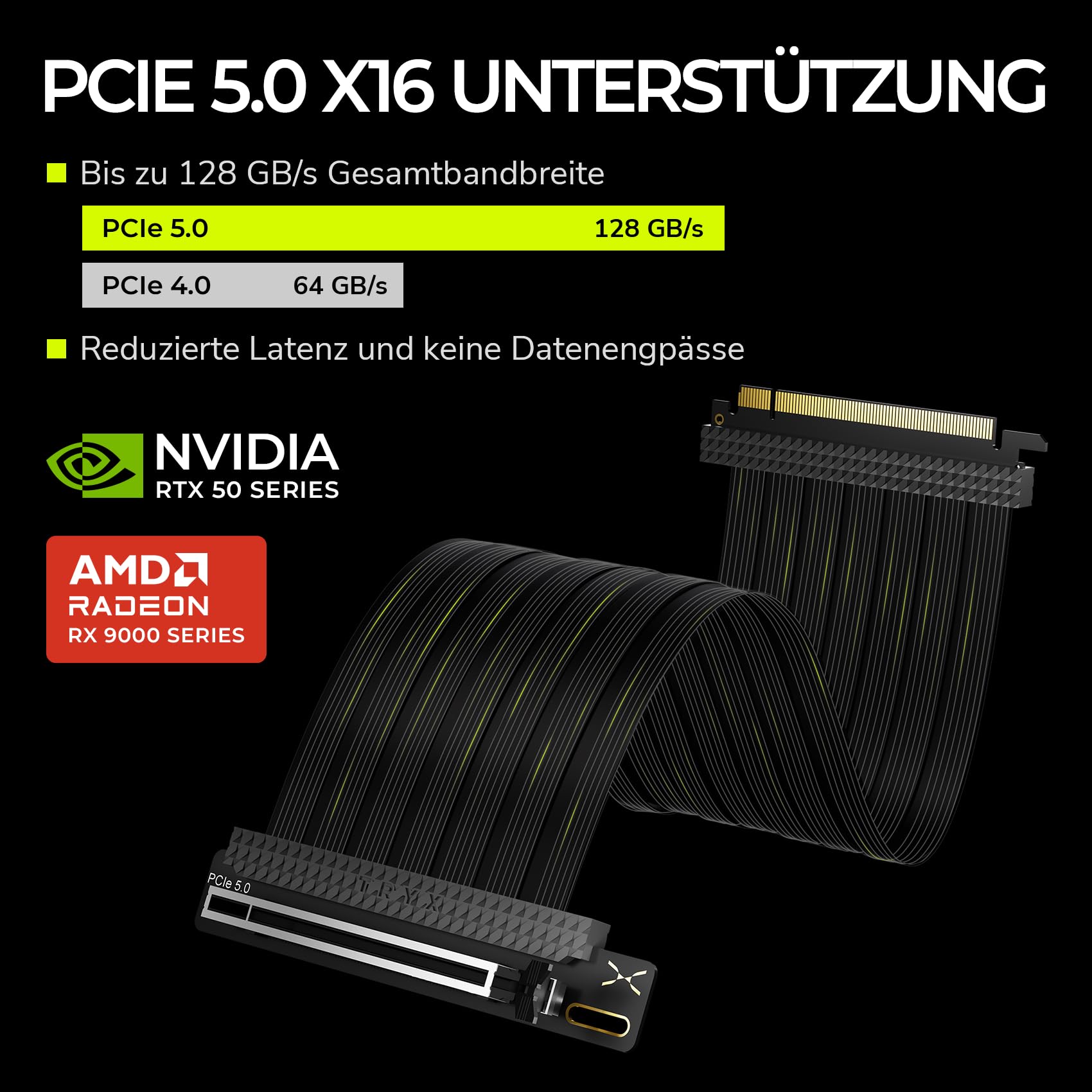 TRYX STRING PCIe 5.0 x16 Riser-Kabel 200 mm – Schwarz | 128 GB/s Bandbreite, vergoldete Kontakte, flexible Sleeve-Ummantelung, stabile Leistung für moderne GPUs
