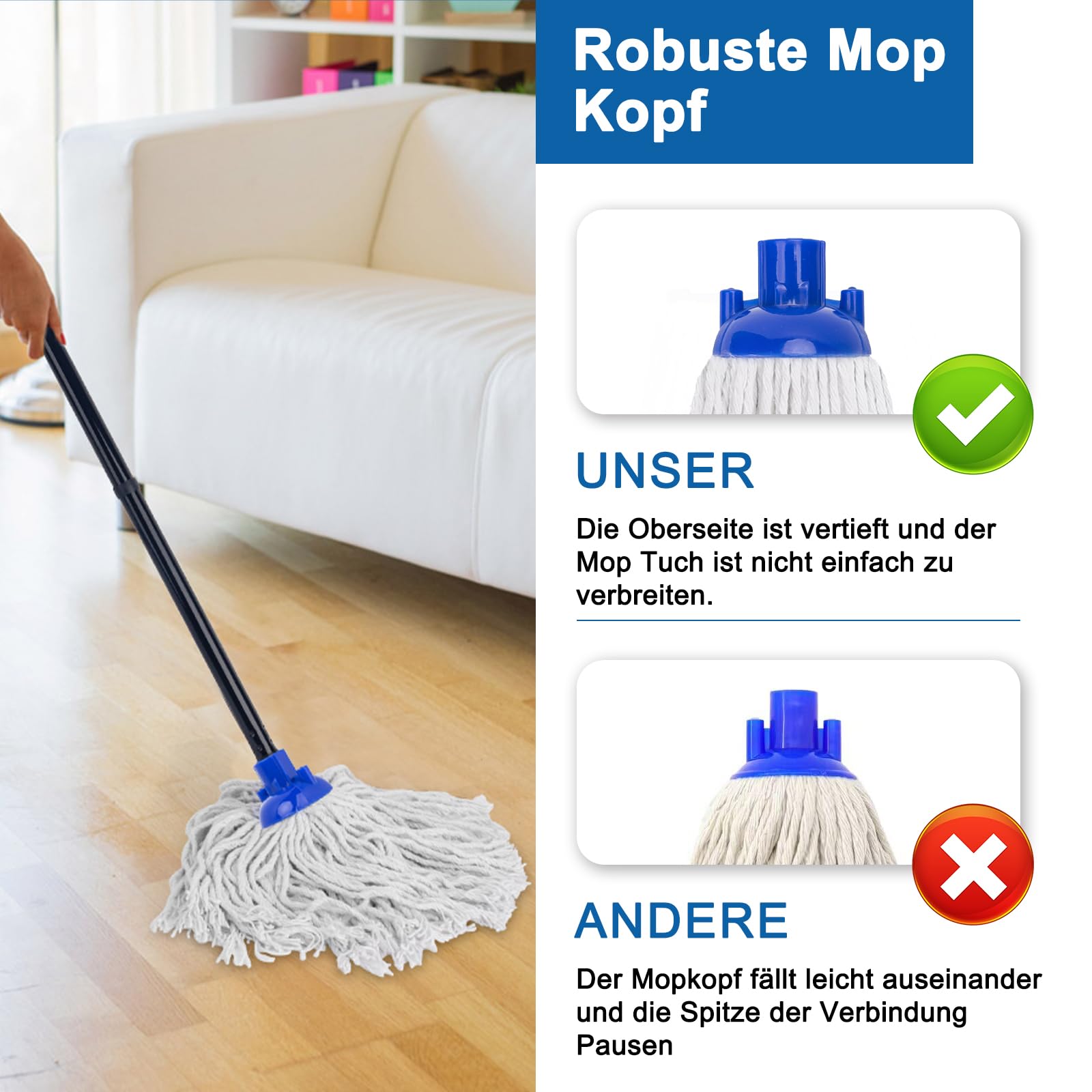 KeFanta Balai-serpillère avec 2 têtes de Rechange en Coton, Manche en métal de 144 cm et Recharge ; Balai-serpillère Efficace pour Un Usage Domestique, de Bureau et Commercial.