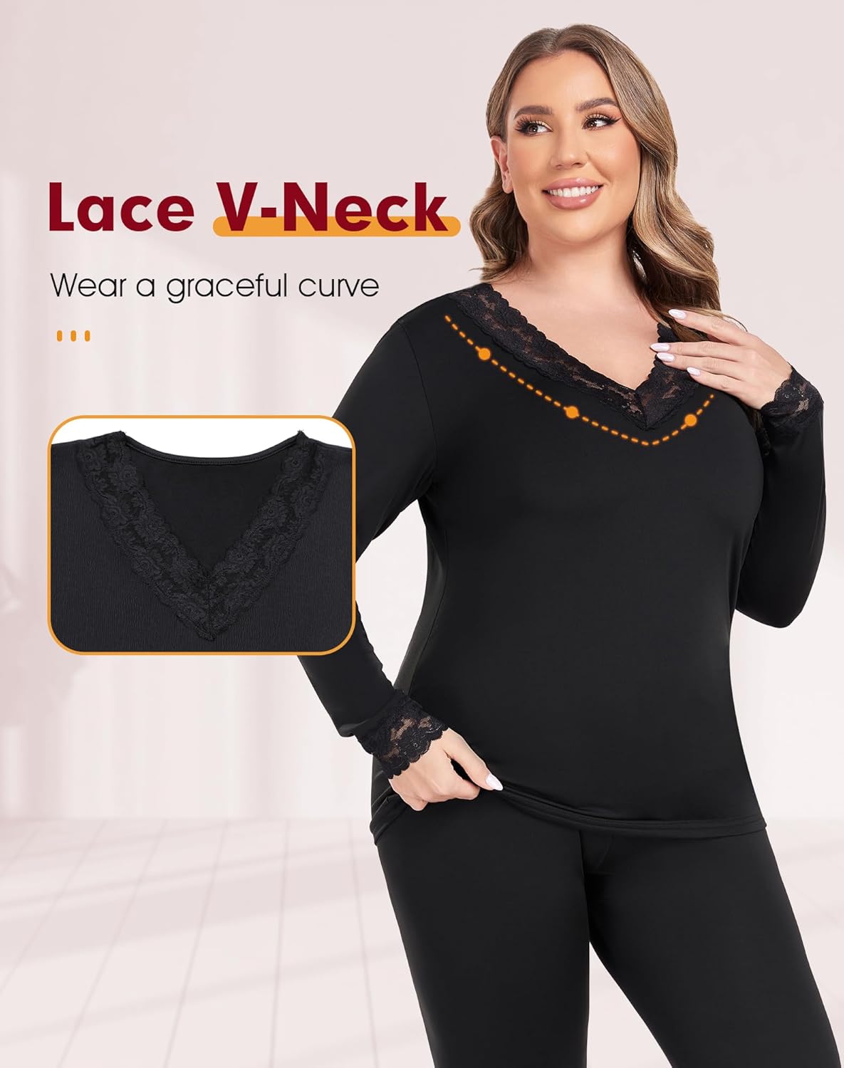 Fleece Lined Thermal Tops for Women Long Sleeve Lace Trim Base Layer V Neck Shirt