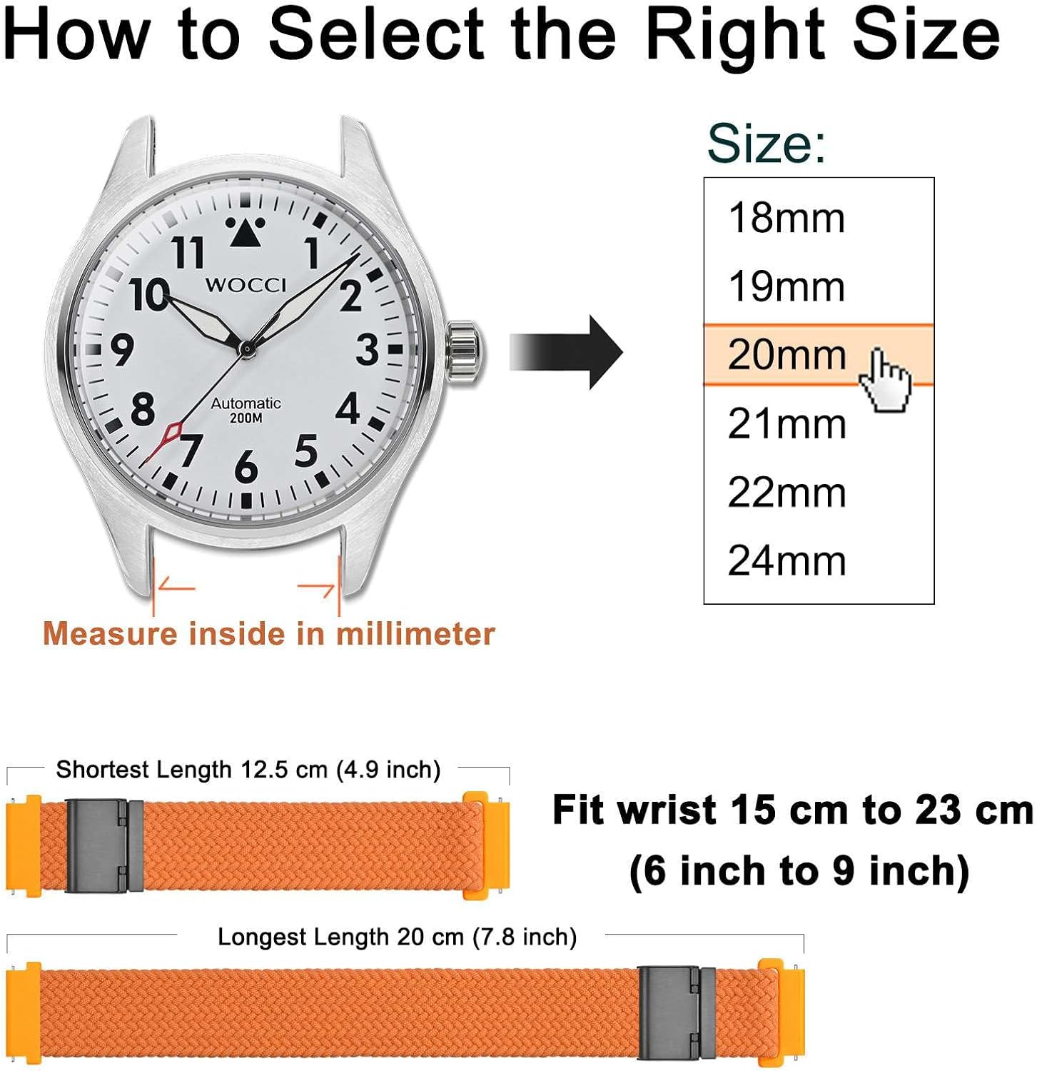 WOCCI 22mm Braided Nylon Watch Band for Men and Women, Quick Release, Black Stainless Steel Buckle (Orange) - Image 4