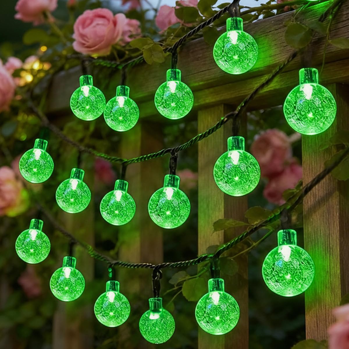 Knasin Green Solar Fairy Lights Garden Outdoor, 60Led 8M/26Ft Solar String Lights 8 Modes With 8-Hour Timer, Waterproof Solar Powered Bubble Lights, Suitable For Garden, Party, Yard, Gazebo, Decoration (Green)