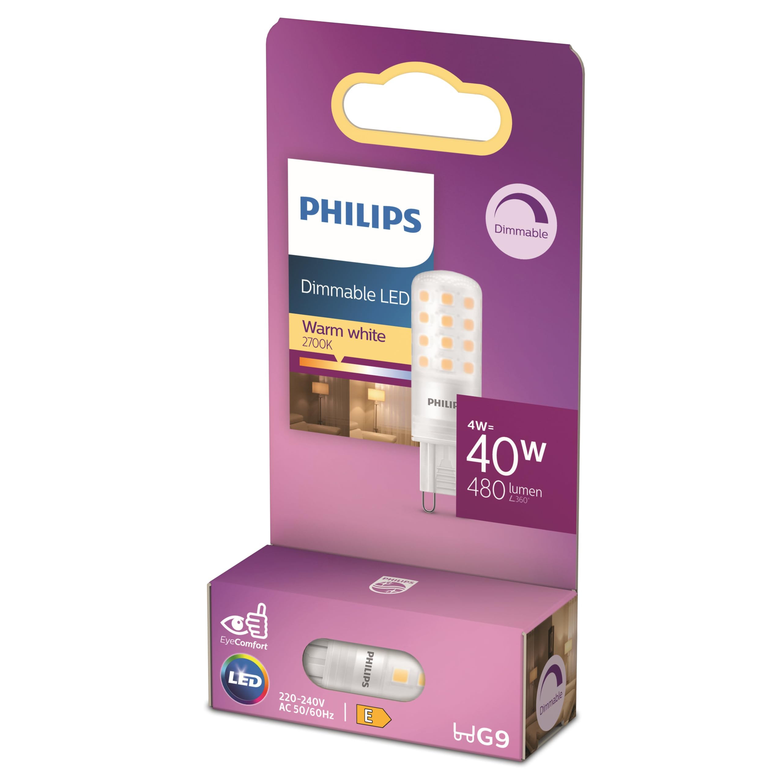 Philips LED Standard Brenner, Ersatz für 40W Halogen, G9 Sockel, warmweißes Licht 2700K, dimmbar, Matt